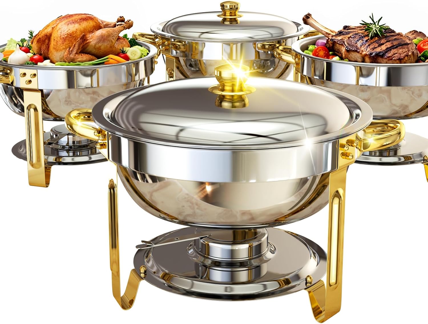 Chafing Dishes for Buffet, 4 Pack 6QT Round Chafing Dish Buffet Set [Elegant Gold and Silver Colors] Stainless Steel Buffet Servers and Warmers for Catering Events Parties Dinners with Complete Set