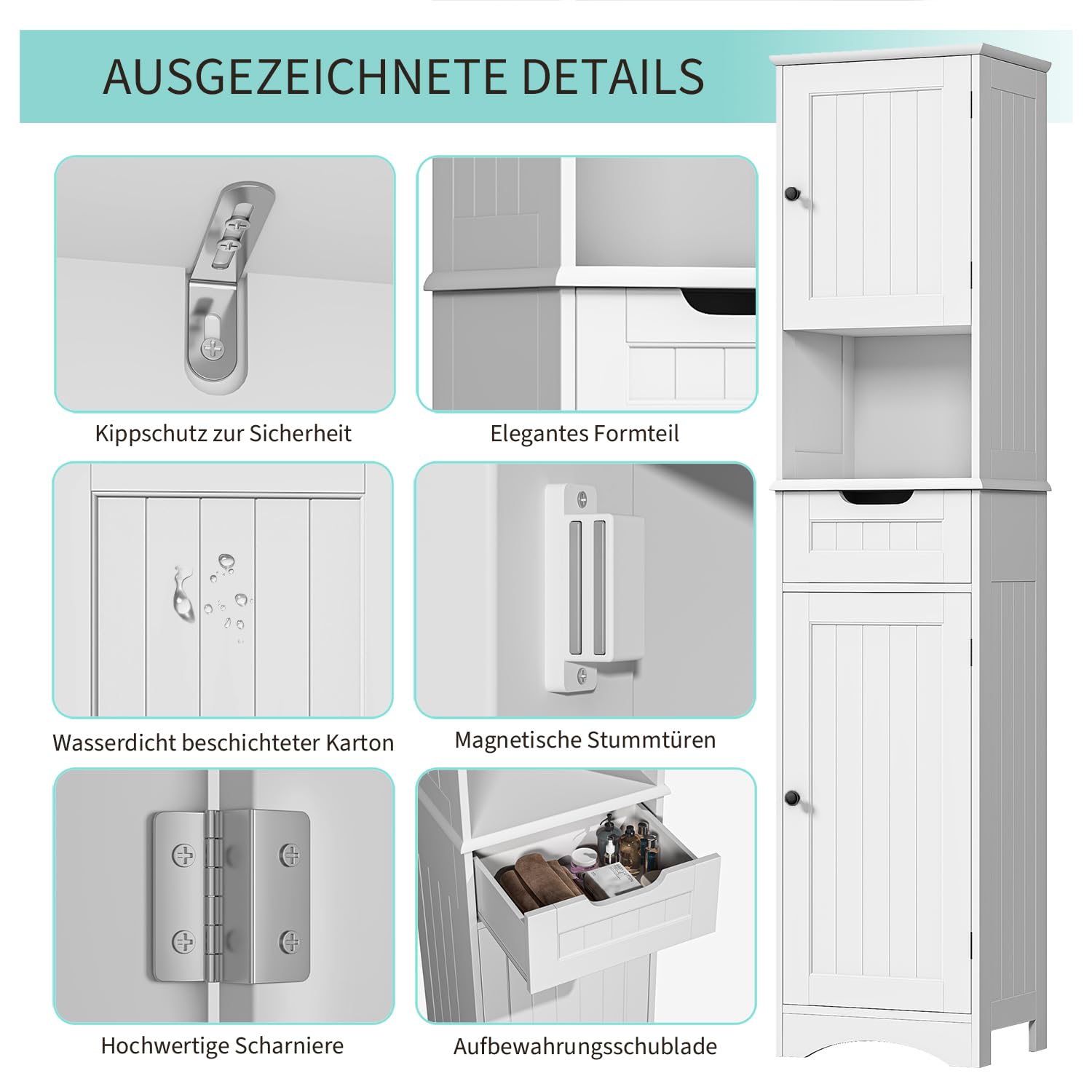 Bealife Hoher Badezimmerschrank, Aufbewahrungsschrank mit Offenem Fach, Badezimmerschrank mit Verstellbaren Einlegeböden für Bad, Wohnzimmer, Küche, Weiß, 30 x 40 x 170 cm