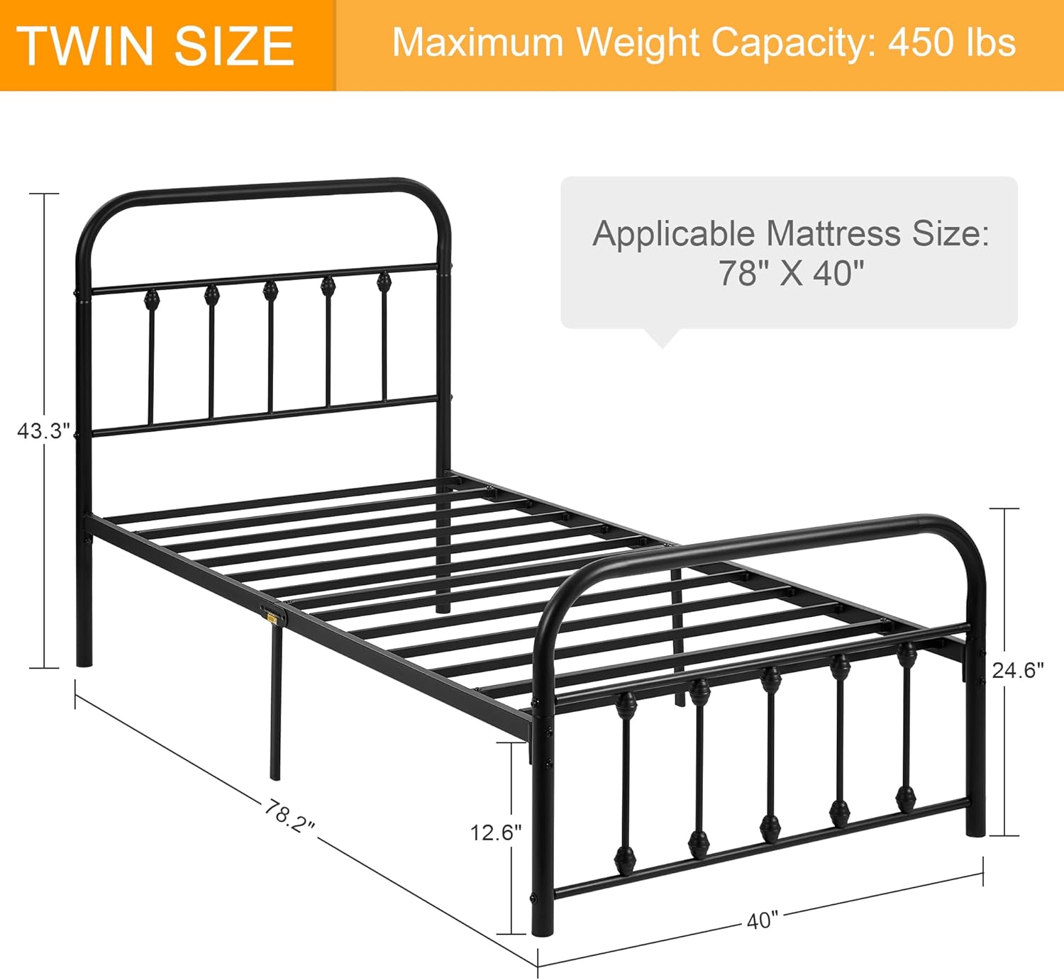 VECELO Twin Size Victorian Style Metal Bed Frame with Headboard Classic Metal Platform Bed Frame Mattress Foundation with Footboard/Under Bed Storage/No Box Spring Classic Black