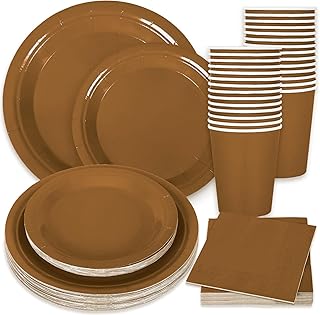Whaline 100Pcs Brown Tableware Set Fall Disposable Dinnerware Set 50Pcs Paper Plates 25Pcs Napkin 25Pcs Cups for Wedding Birthday Bride Shower Party Supplies Table Decor