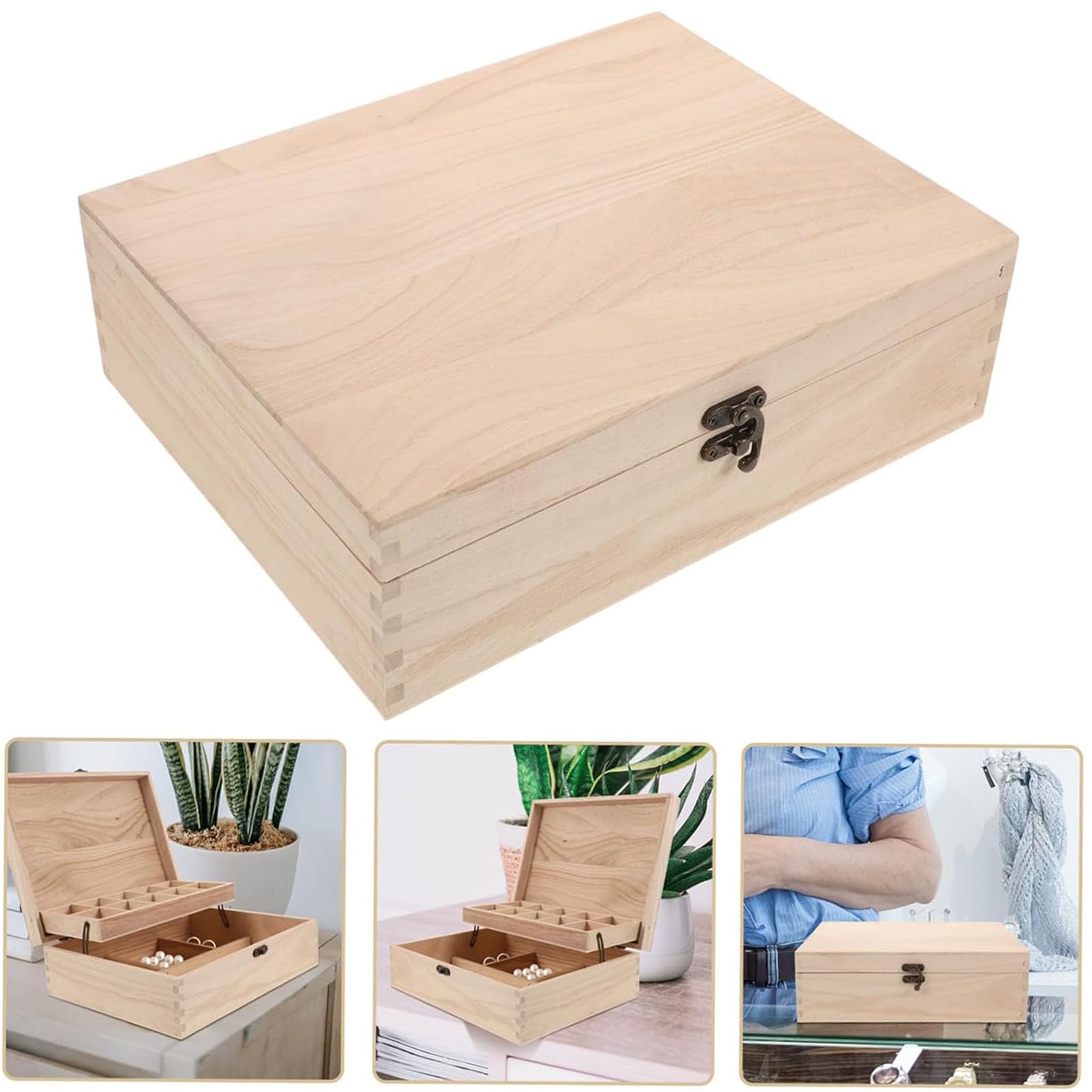 Rustikale Schmuckschatulle mit Fächern, doppellagiger Organizer mit Klappdeckel, multifunktionale Aufbewahrungsbox für Ohrringe und Halsketten