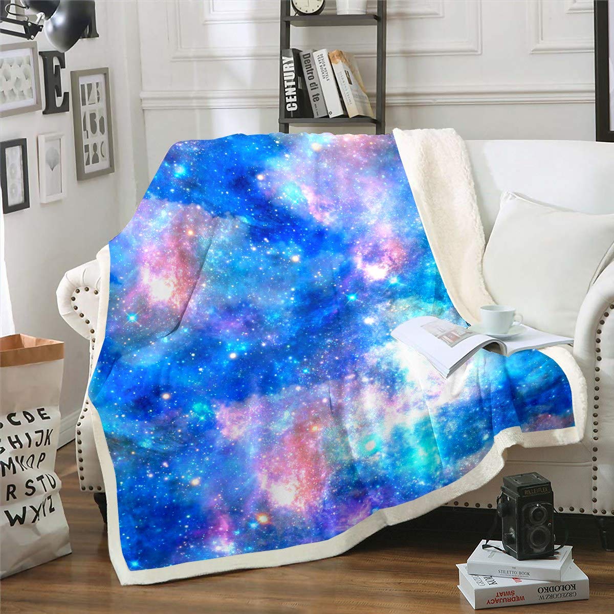 Loussiesd Galaxy Outer Space Theme Blanket for Kids Boys Girls Universe Planet Fleece Blankets Blue Starry Sky Blankets and Throws for Crib Couch Bed Sofa King 87"*94"