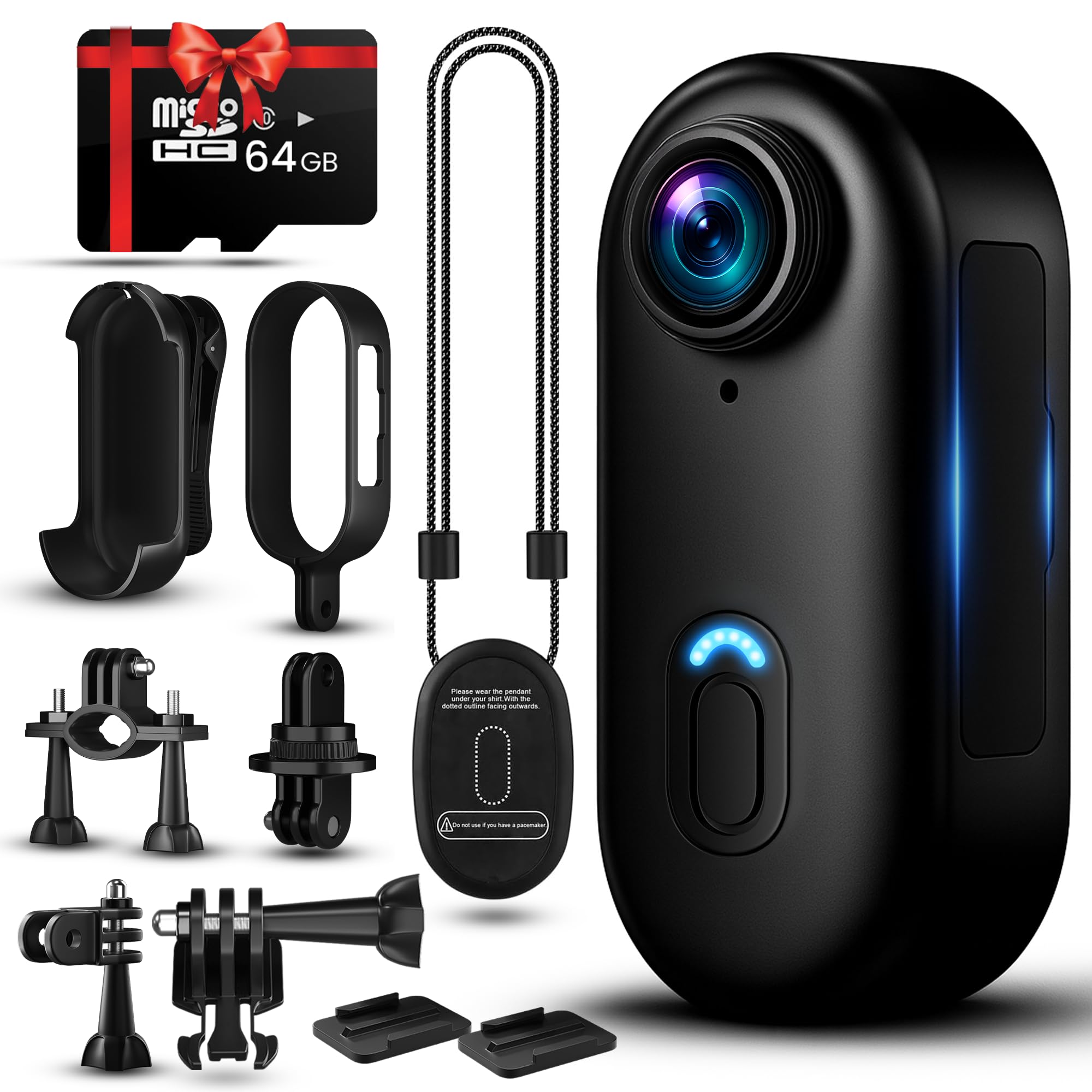 SKYSWIFT 4K Mini Action Camera with 64GB Card – Thumb-Sized Waterproof Body Cam, Wearable POV Recorder with Helmet Mount, Hands-Free Sports Camera for Cycling, Motorcycle, Travel, Pets, and Daily Vlog