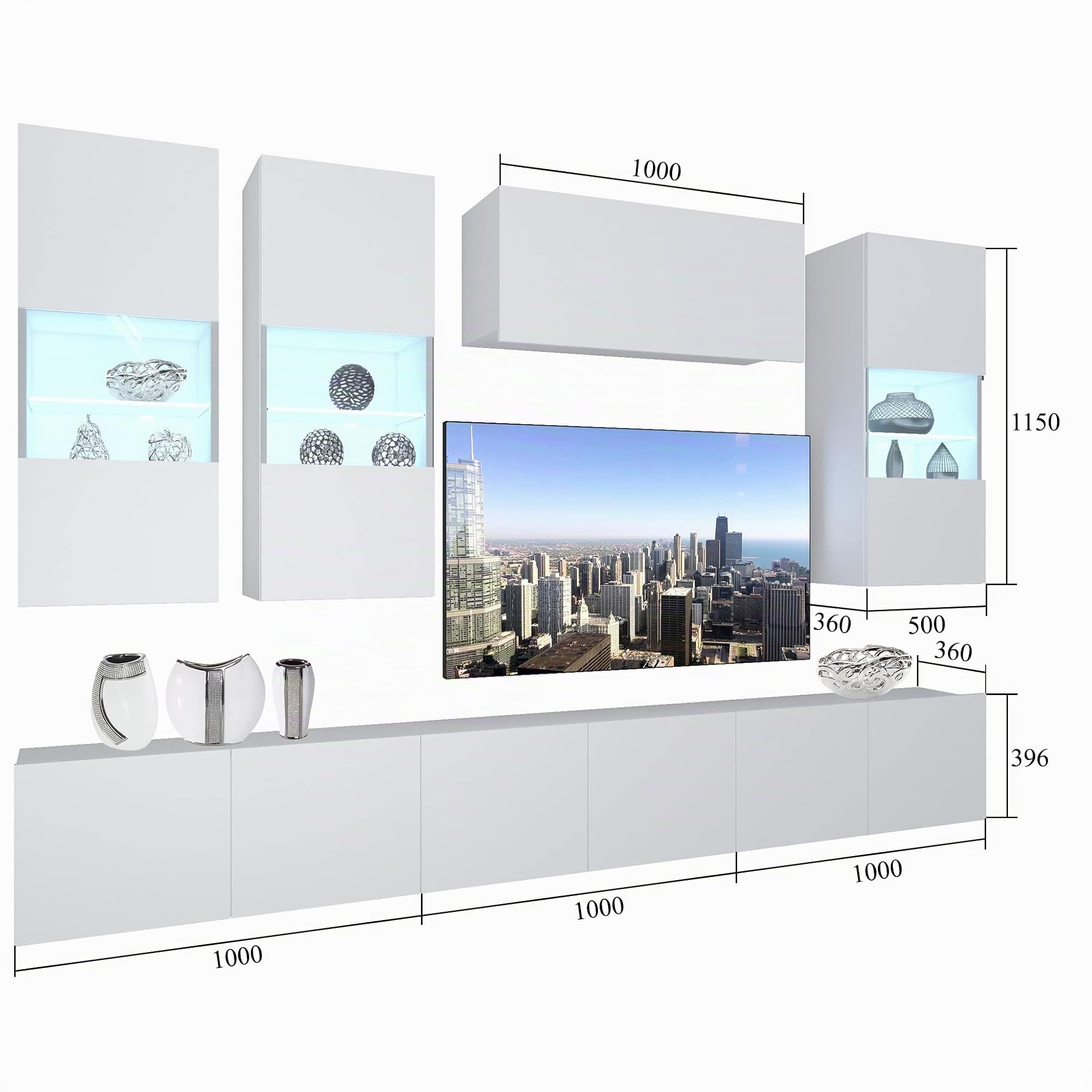 Belini - Set completo da parete per soggiorno, moderno, con illuminazione a LED, colore: Bianco