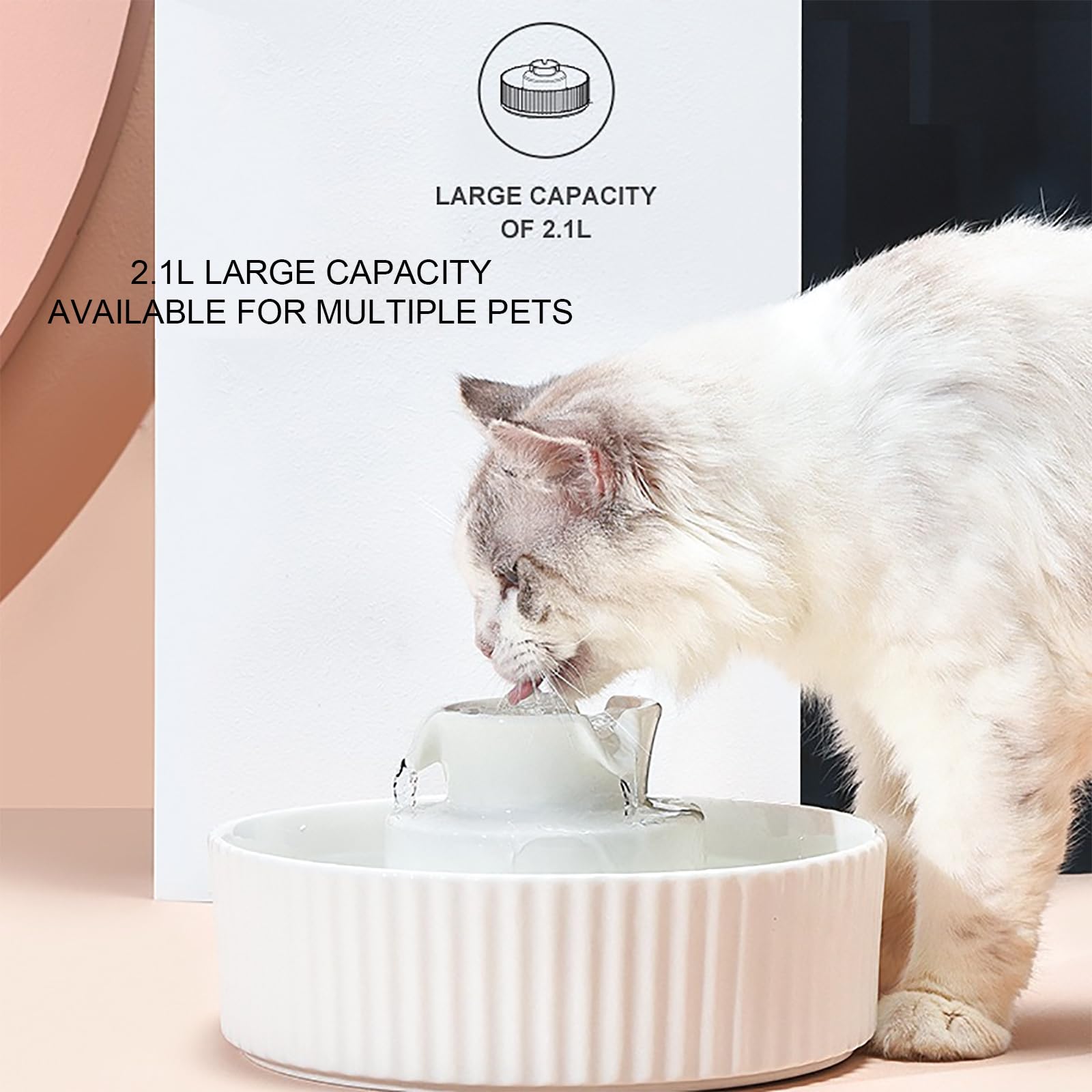 Ceramiczna fontanna do picia dla zwierząt domowych, 2,1 l, automatyczna cyrkulacja wody, USB automatyczna fontanna do picia dla kotów i psów, automatyczne wyłączanie z powodu niedoboru wody, cicha