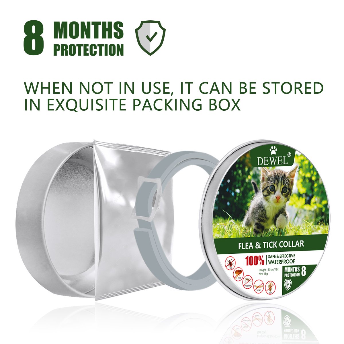 DEWEL Collar Gato contra Pulgas, Garrapatas y Mosquitos, Collar Antipulgas y Garrapatas 33 cm para Gatos y Perros Pequeños y Medianos, 8 Meses de Protección