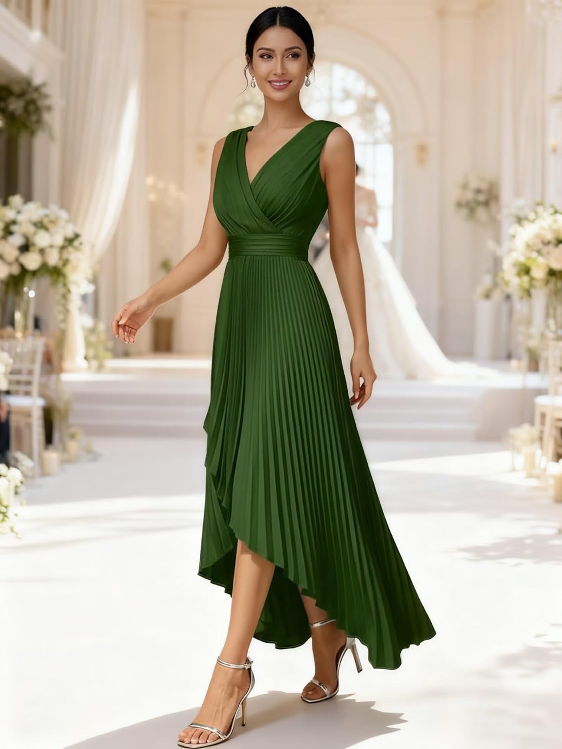 Women's V-Neck Bridesmaid Dresses with Slit for Wedding Pleated Satin High Low Long Formal Evening Dress - Image 4