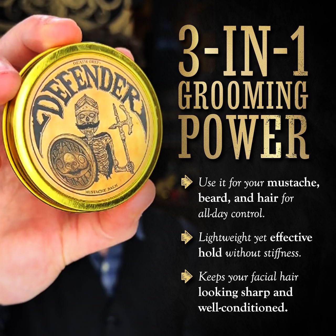 Mustache Balm Grooming Kit for Men | Light to Medium Hold Beard Wax 1oz | Natural Hair & Moustache Care Kit with Styling & Conditioning | Defender Balm By Death Grip