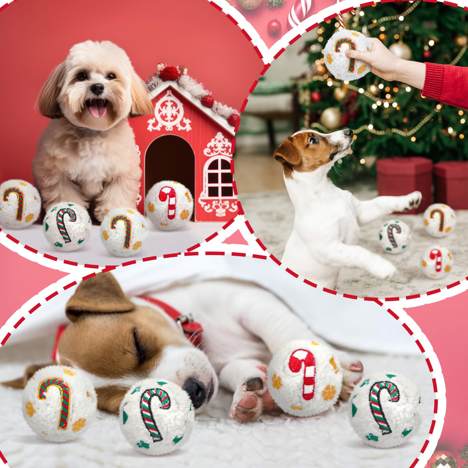 Syhood 60 Stück Weihnachts-Schneeball-Hundespielzeug, quietschend, Plüsch-Spielzeug für drinnen und draußen, Weihnachtsmann Elch für kleine und mittlere Haustiere, Kauspielzeug (Zuckerstangen)