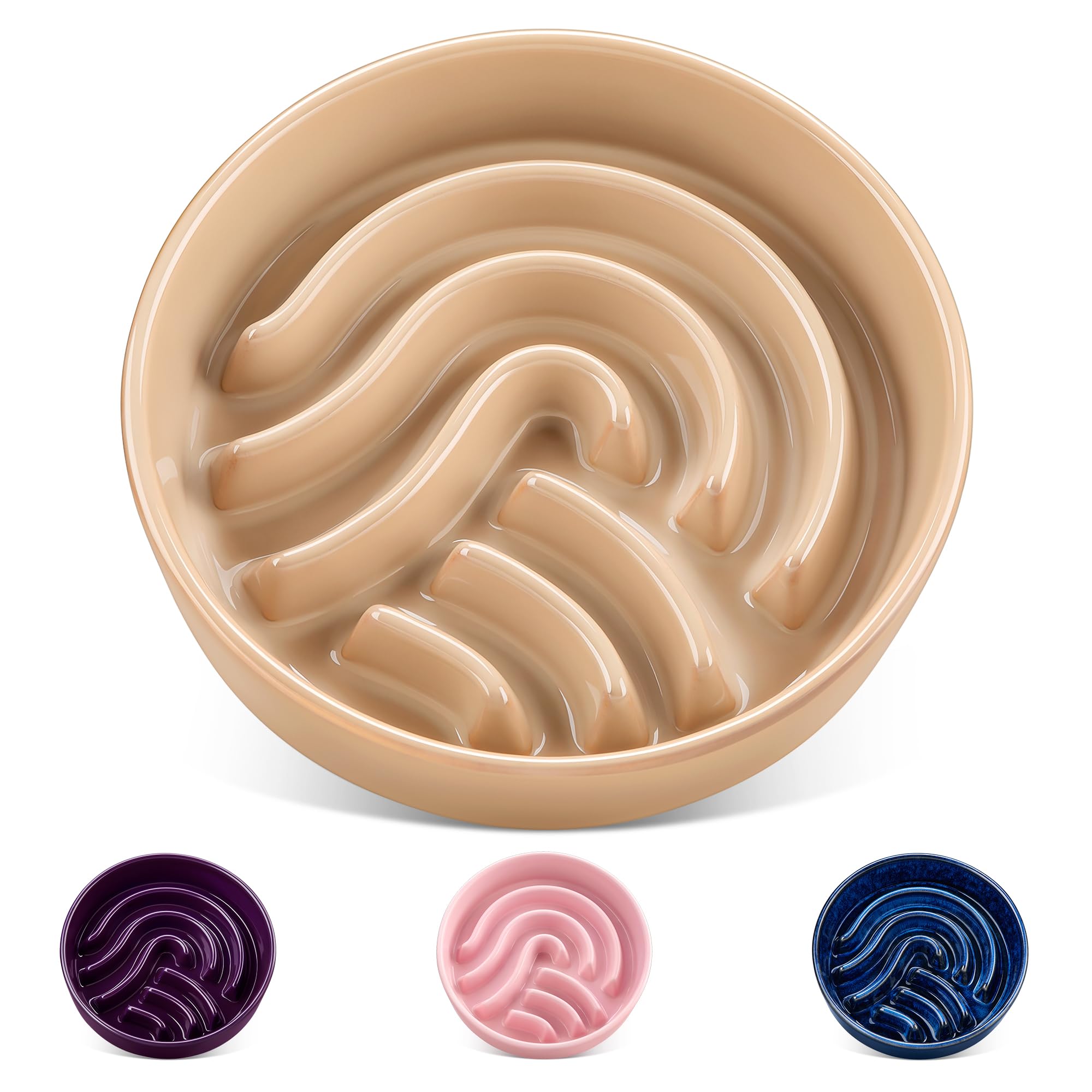 vancasso Slow Feeder Dog Bowl, 1.5 Cup Ceramic Slow Feeding Food Dish for Small and Medium Breed, Puzzle Pet Food Bowl for Cat & Dog, Non-Slip & Tip-Proof, Brown
