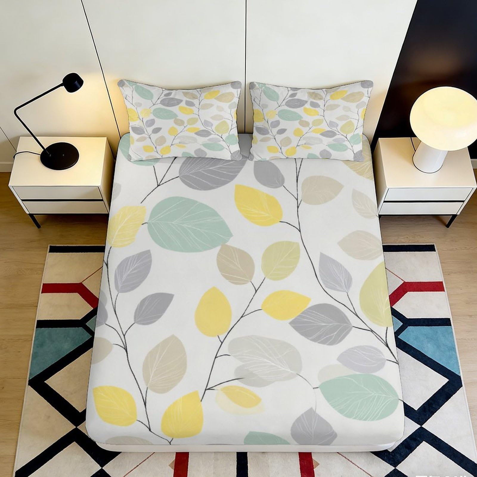3D Printed Pastel Leaf Fitted Sheet Microfiber Soft Breathable Abstract Botanical Mattress Cover for Bedroom Dorm Mattress Protection Decor 90x200x25cm