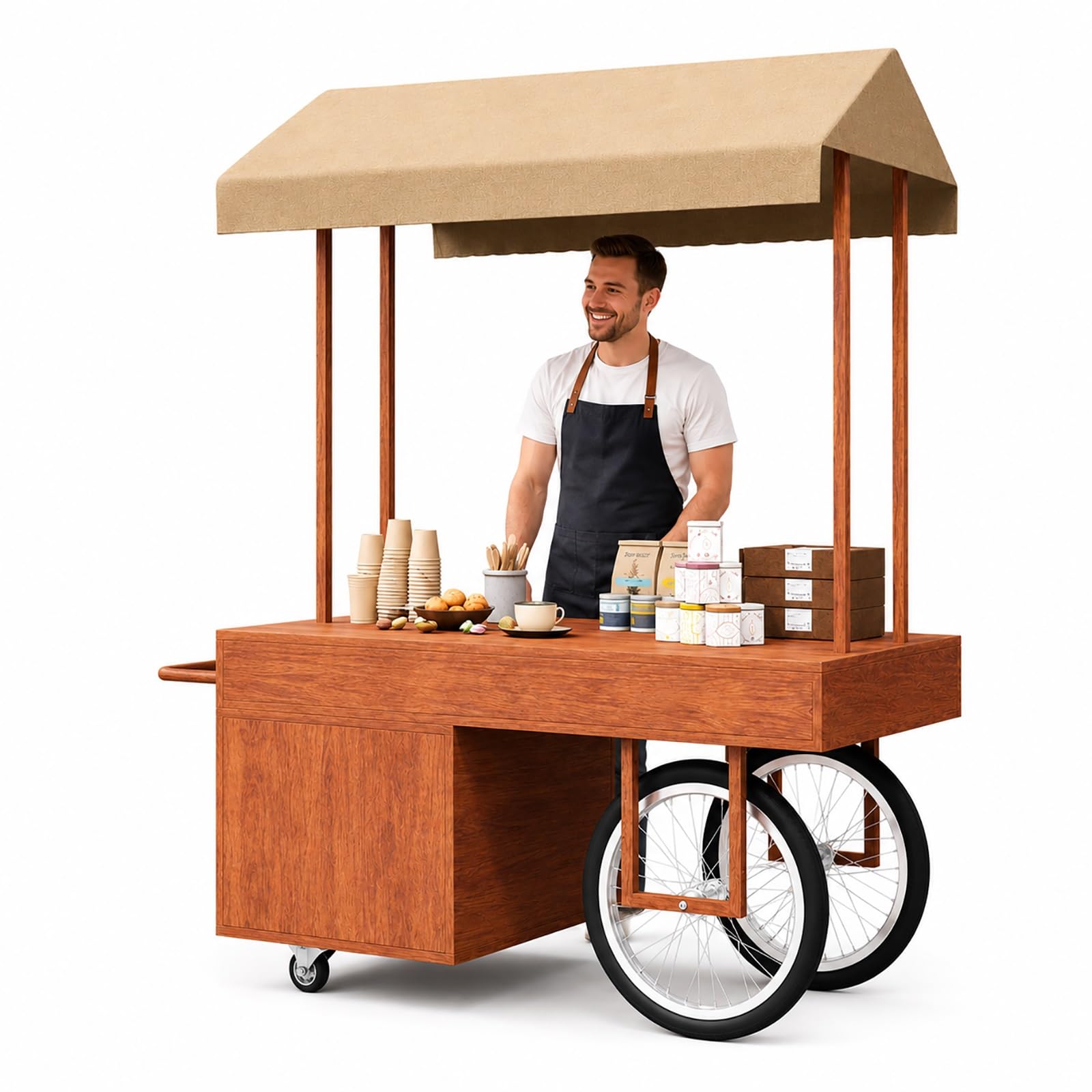 Puesto Ambulante con Toldo, Carrito de Venta con Ruedas y Compartimento, Stand Expositor para Exterior con Ruedas Blocables