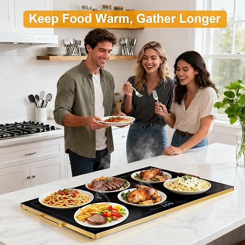 Miniatura 8 de Bandeja de calentamiento eléctrica de 24 x 16 pulgadas, bandejas de calentamiento de vidrio para fiestas de buffets con 9 niveles de temperatura y