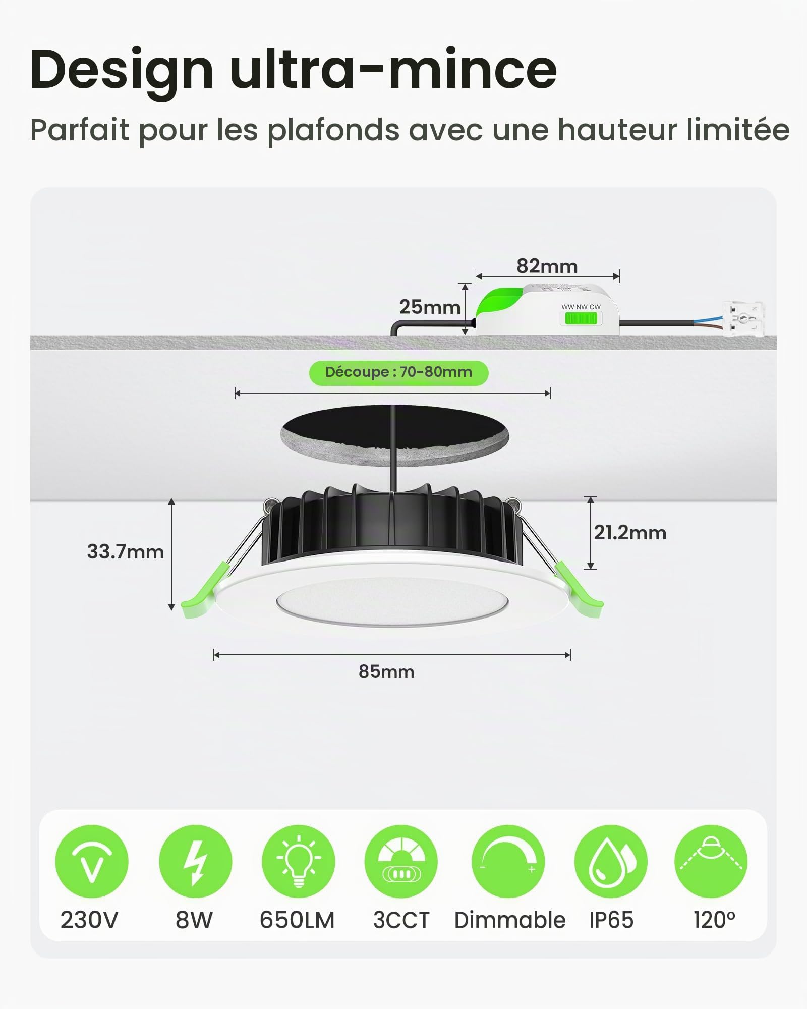 ALUSSO Spot LED Encastrable Ultra Plat Dimmable 230V 8W Spot Plafond 3000K 4000K 5700K Étanche IP65 Réglable Plafonnier Encastré pour Salle de Bain, Salon,La cuisine, Lot de 6,Blanc