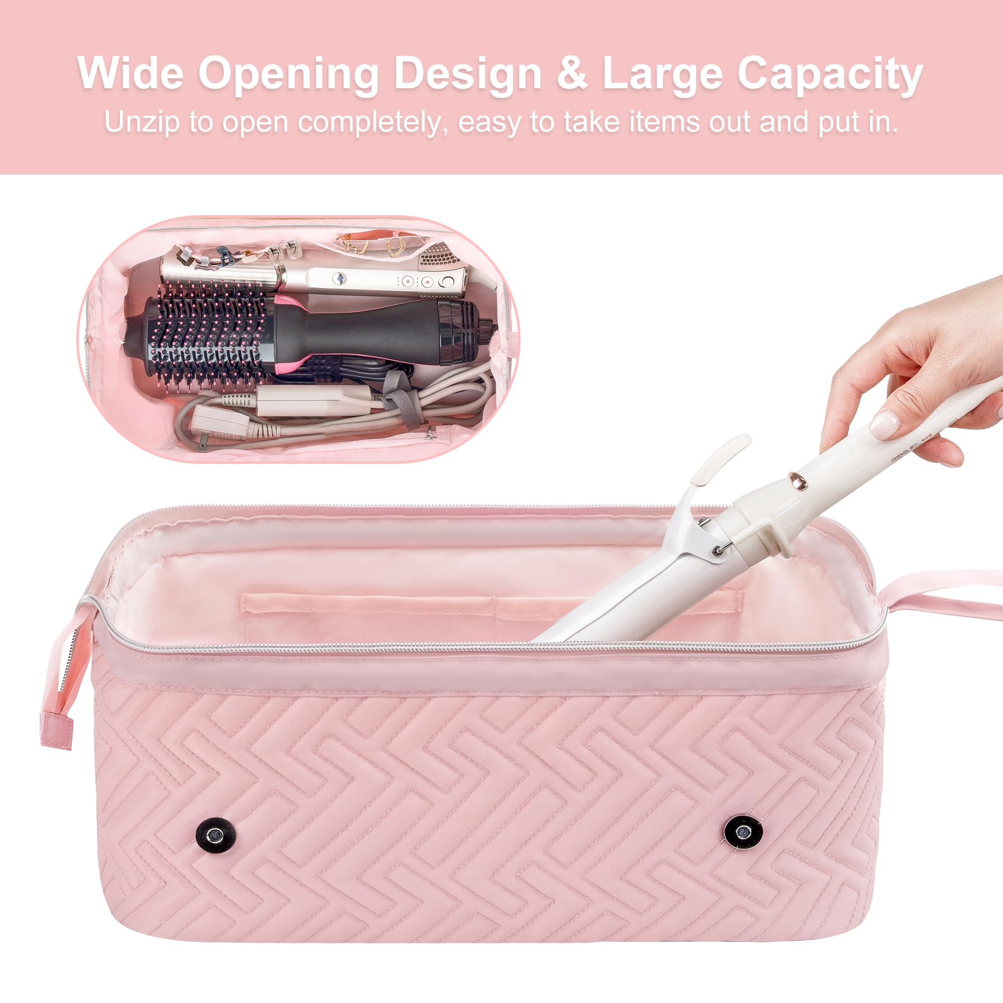 Bolsa de viaje para mujer, resistente al calor, para artículos esenciales de viaje, alisadores, planchas planas, rizadores, cepillos de aire caliente y secador de pelo, bolsas organizadoras 2 5