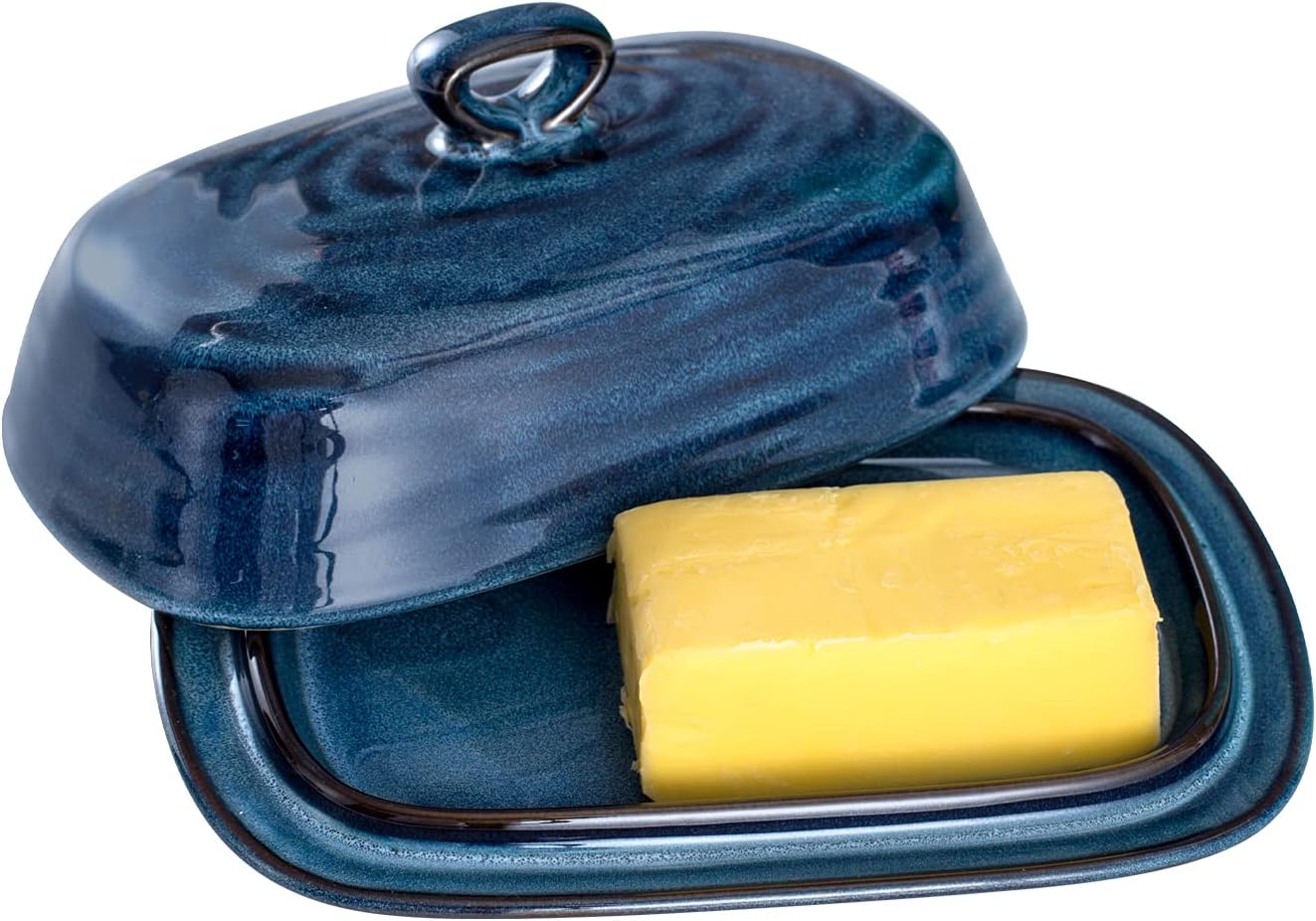 Hasense Butter Dish with Lid, Ceramic Butter Dish with Cover for Countertop, Porcelain Butter Keeper with Handle Design for East West Coast Butter, Butter Tray with Lid for Fridge, Blue