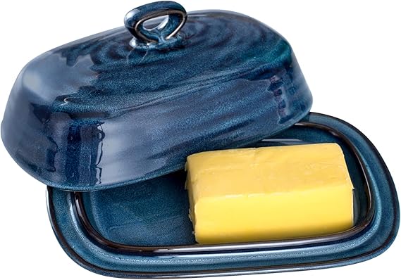 Hasense Butter Dish with Lid, Ceramic Butter Dish with Knife for Countertop with Covered, Large Butter Keeper Handle Design, Blue