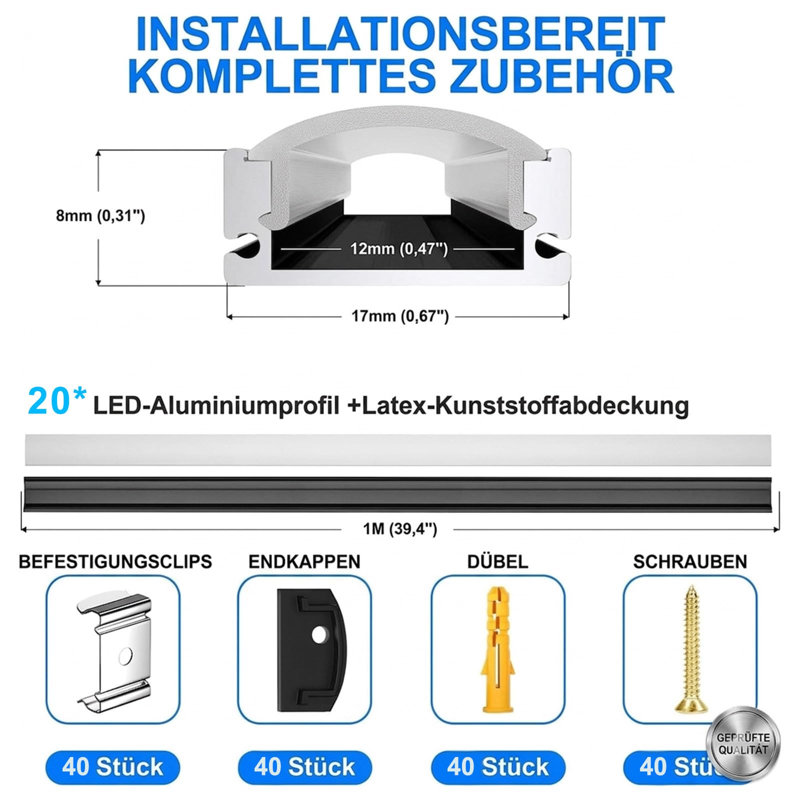 20 perfiles LED de aluminio negro, canal de 1 m, perfil negro con cubierta blanca lechosa, tapas finales, clips de montaje para difusores de luces LED (sin tiras LED)