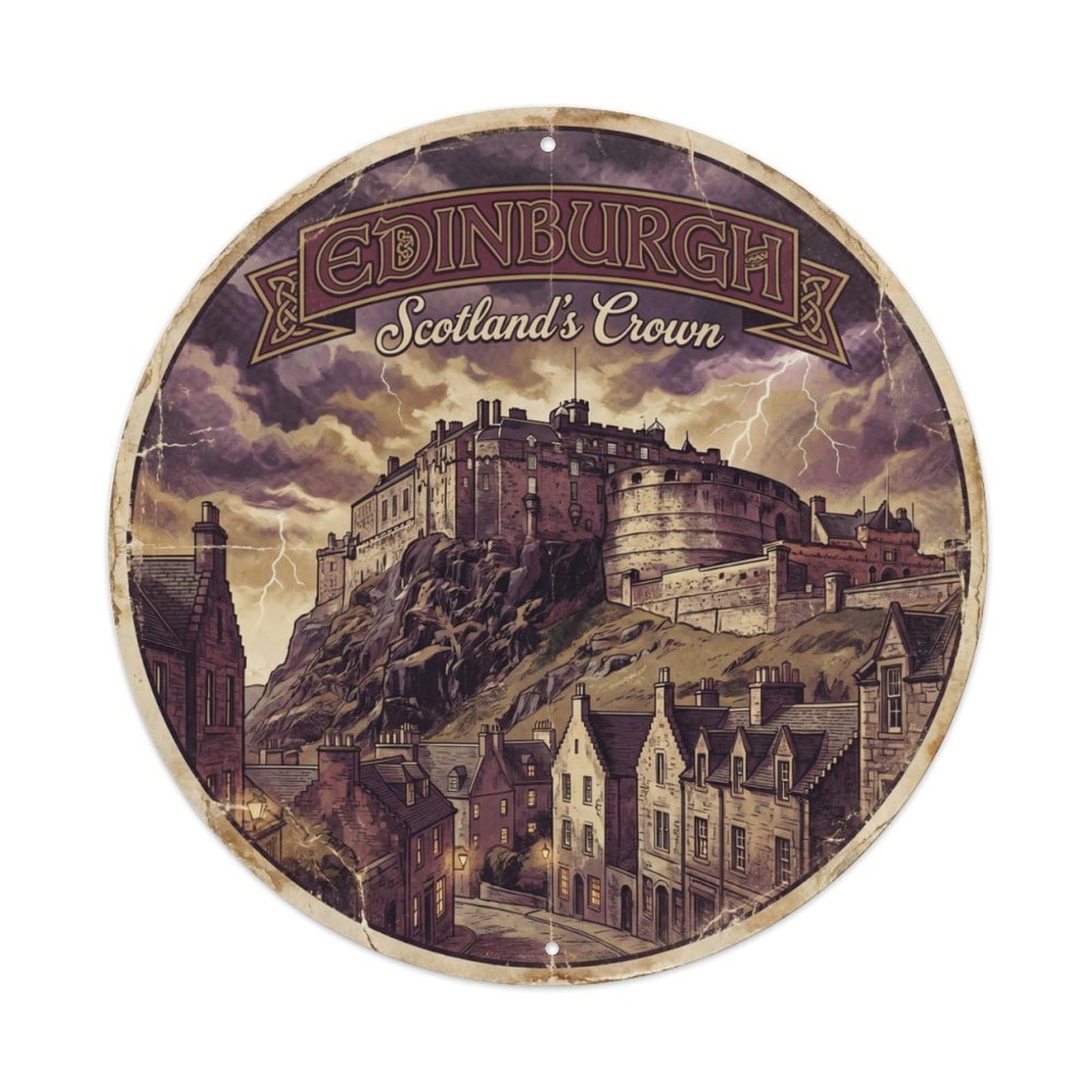 Gtthok Vintage Style-29 Vintage Travel Edinburgh Scotland Fortress Metal Tin Sign Plaque Wall Decor For Cafe, Club, Garden Round Metal Poster 8X8inch