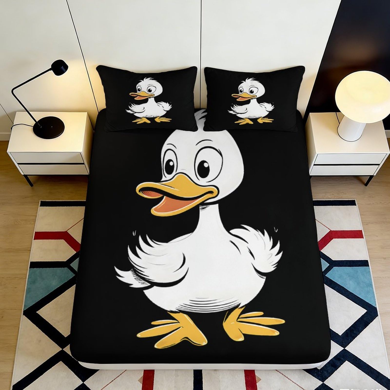 3D Printed Cute Duck Fitted Sheet Microfiber Soft Breathable Cartoon Bird Bed Cover for Bedroom Dormitory Guest Room Mattress Protection Decor 90x200x25cm