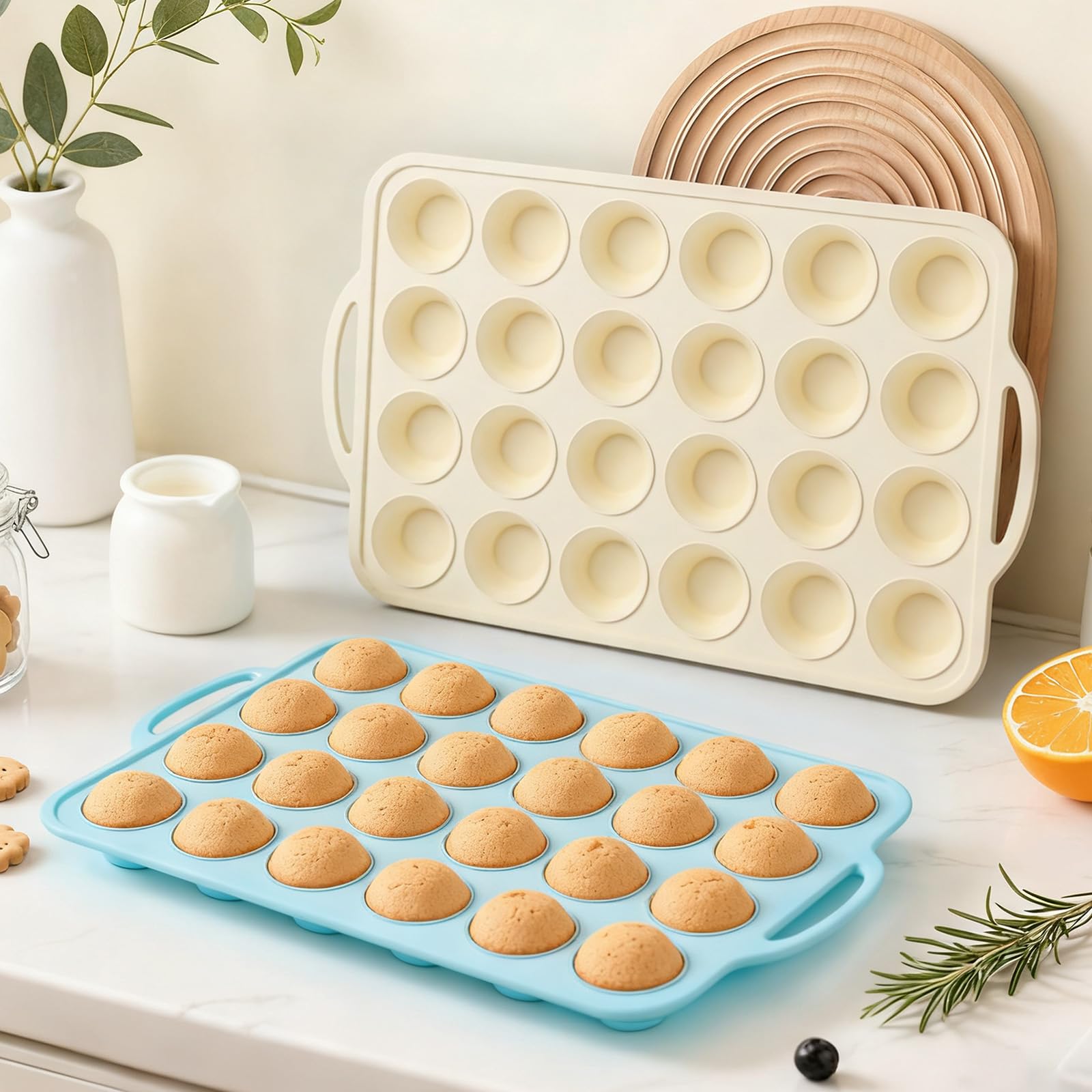 Foepoge Silicone Mini Muffin Pan with Frame: Nonstick 24 Muffin Tin...