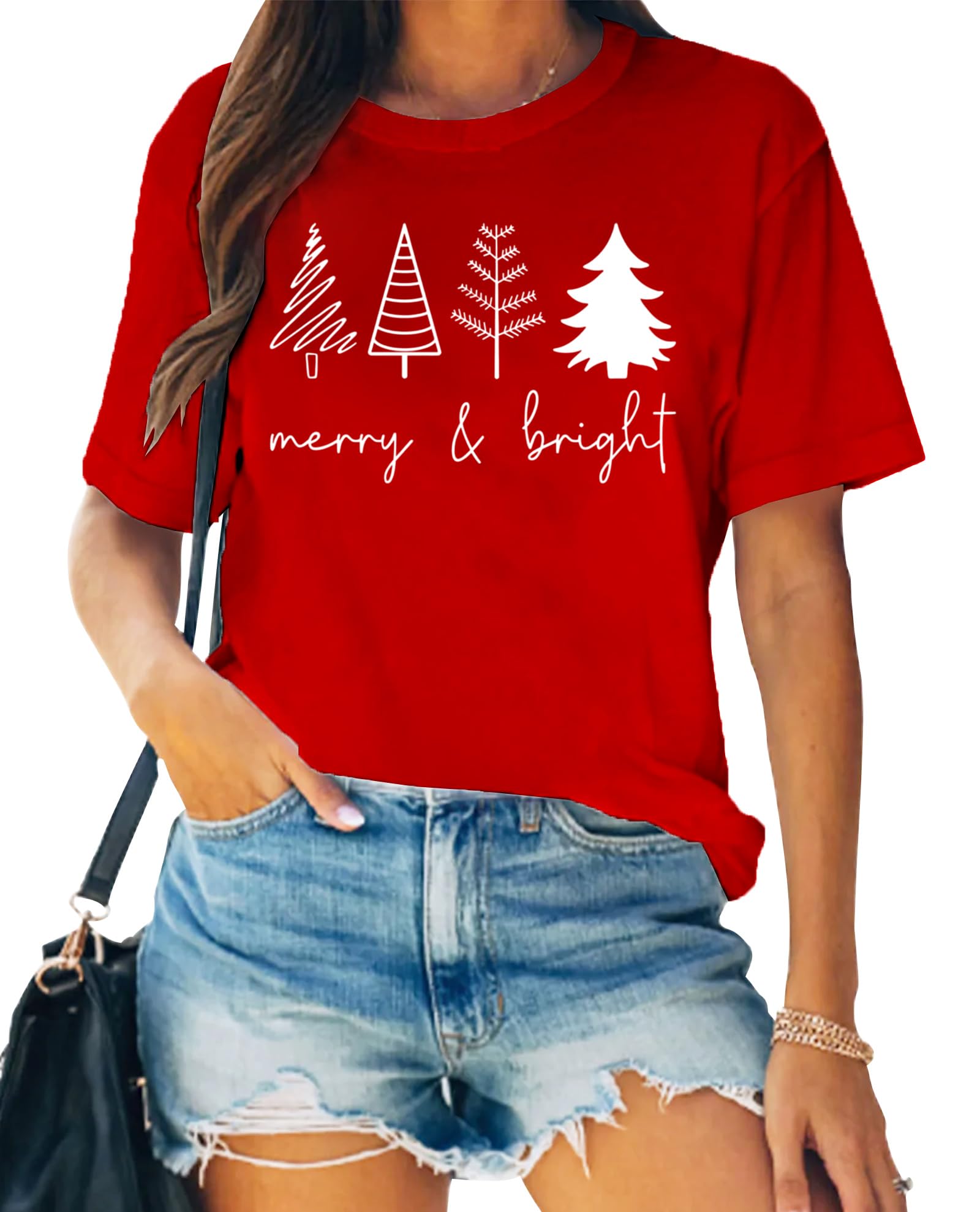 SUWATOIN Christmas Shirts for Women Merry Merry Merry Christmas T-Shirt Xmas Holiday Tee Tops
