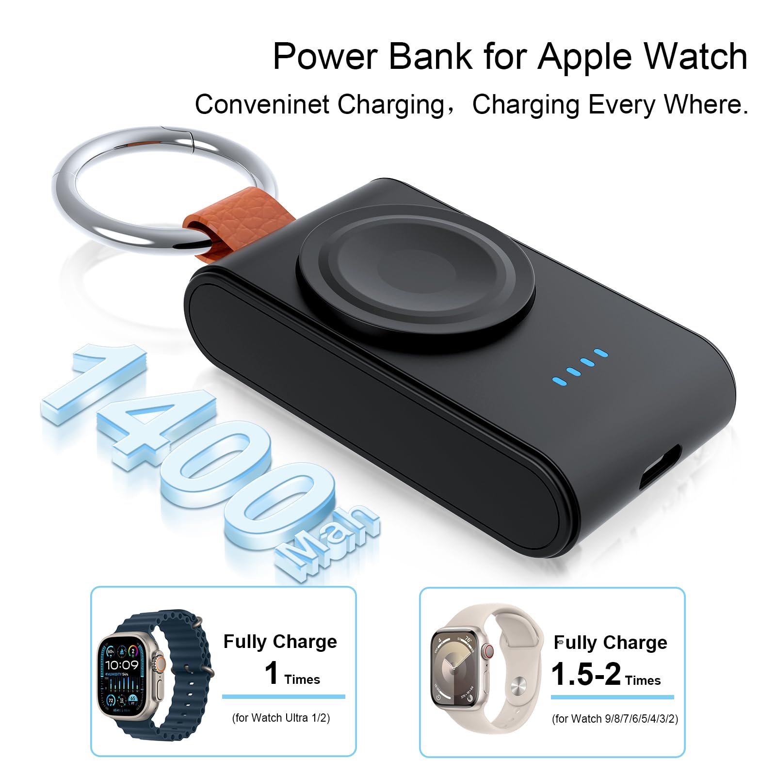 Portable Charger for Apple Watch, RAUGEE 1400Mah Travel Charging Wireless USB-C Watch Charger for iWatch Series 9/8/7/6/5/4/3/Ultra/Ultra 2 with Keychain