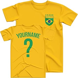 Boys Brasil Shirts for Kids, Retro Brazil Custom Name and Number T Shirt, Footbll Personalised with Your Name and Number for Boys and Girls, Brazil Girls Footy Soccer Top