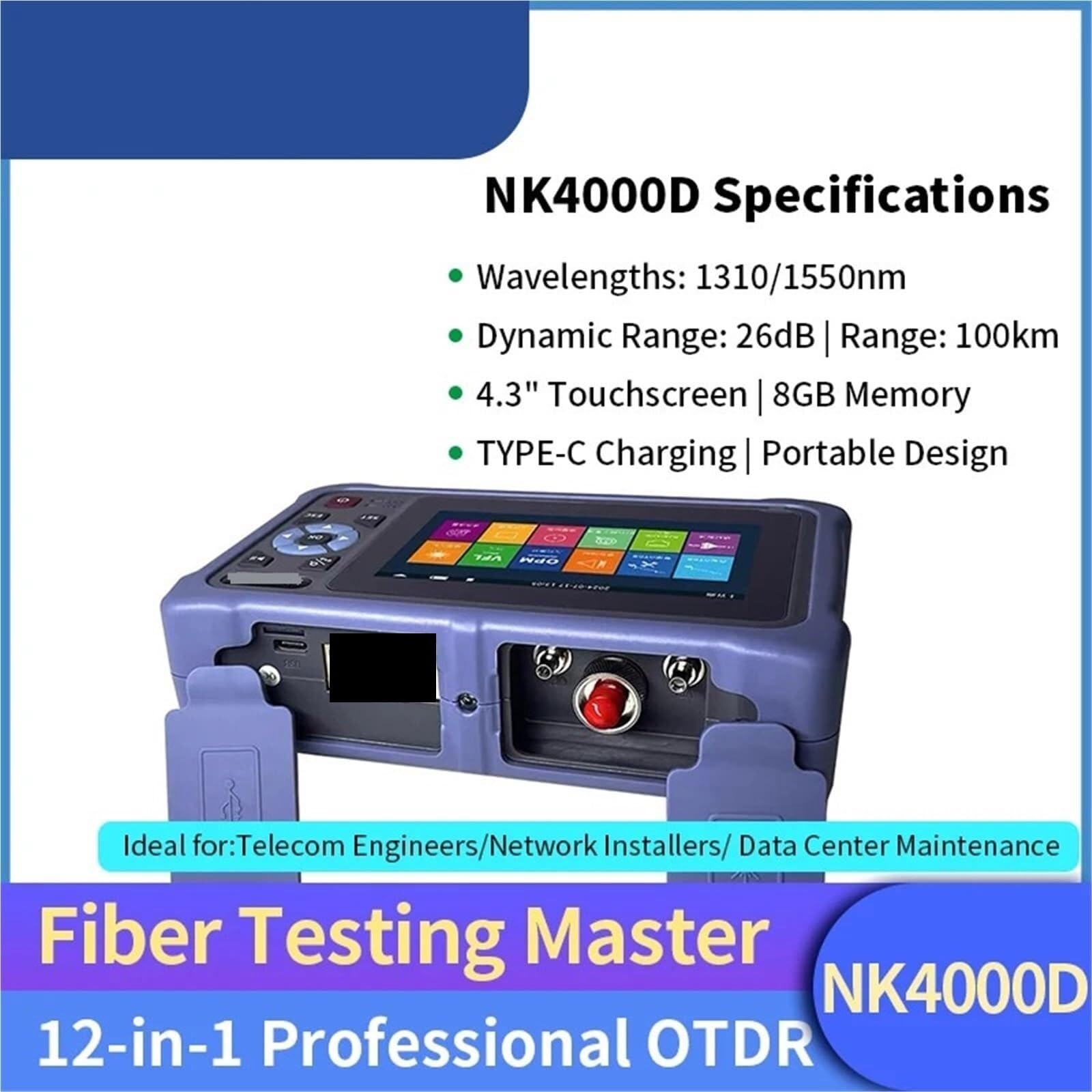 medidor potencia optica Probador De Cable Fibra Óptica OTDR 12 En I 1310 1550 1610nm NK4000D Pantalla Táctil VFL OLS Mapa Eventos para cables, cables y líneas de PCB(UPC)