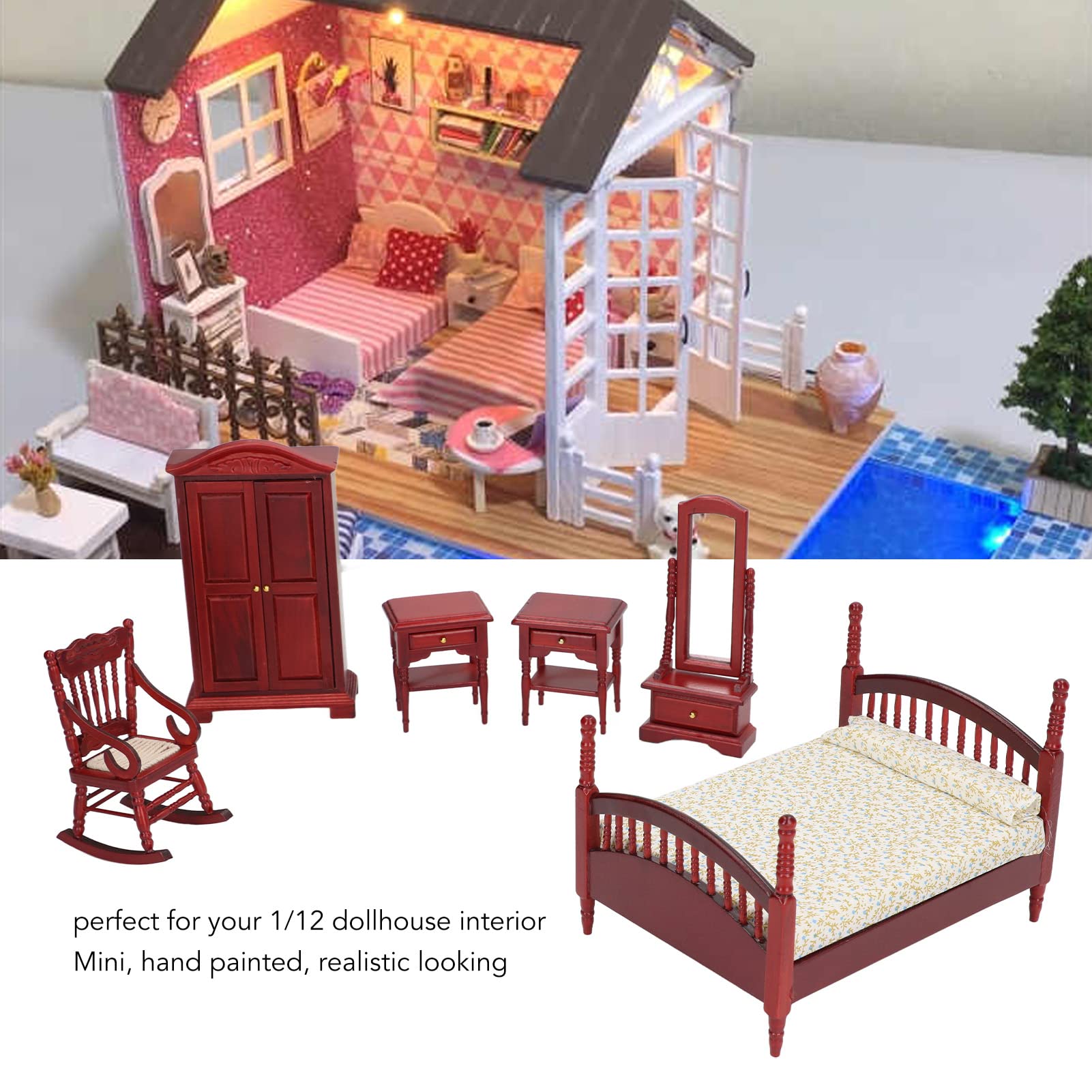 Mobili per Casa delle Bambole in Legno di Betulla, Design Tradizionale Classico retrò, Mini Mobili per Camera da Letto con Forma Realistica per Casa delle Bambole in Scala 1:12