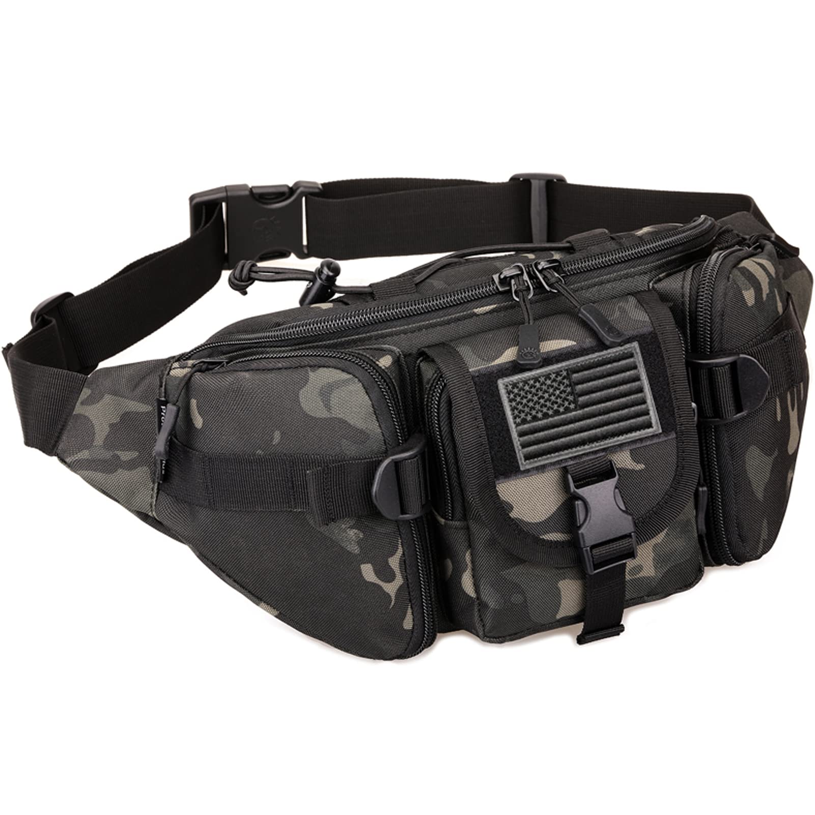 SOWHUP Tactical Fanny Pack,Military Waist Bag Pack with U.S Patch Utility Hip Belt Bumbag for Outdoor Fishing Hiking (Black c(5 Zipper Pockets))