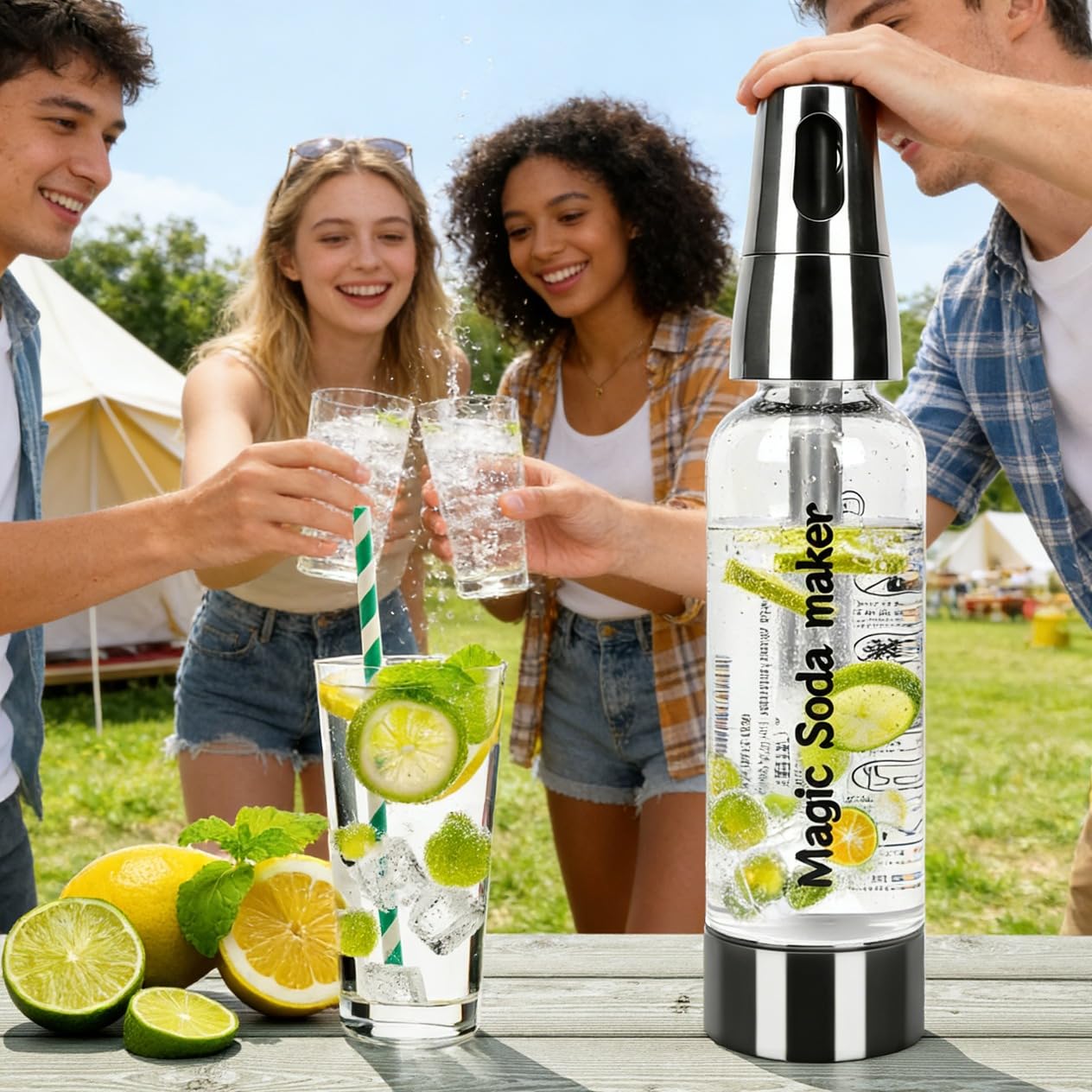 Kit di sifone per soda da 1 litro, macchina per acqua frizzante portatile in PET a doppio uso e bottiglia per bevande/succhi/cocktail, per casa/banco bar/picnic (argento) AstraLoom