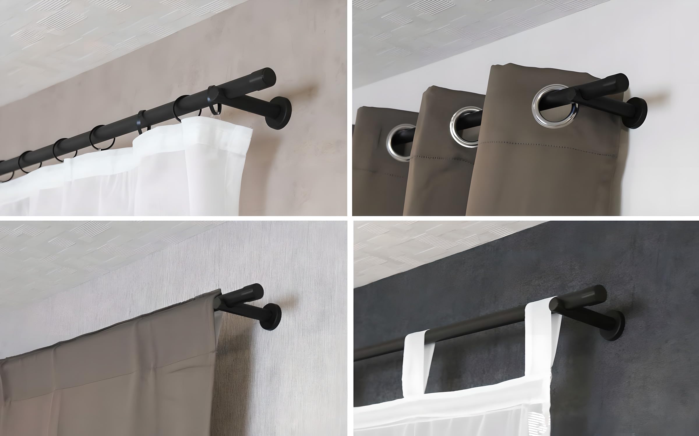 Gardinenstange schwarz aus Metall, 20 mm Durchmesser, Vorhangstange für Wand- und Deckenmontage geeignet, Komplettset mit Halterungen und Endstück Kappe, 240 cm (2 x 120 cm)