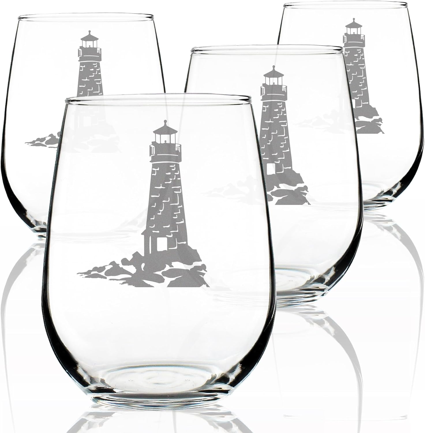 Bevvee Lighthouse - Stemless Wine Glasses - Set of 2 - Nautical Themed Decor and Gifts for Beach Lovers - Large 17 Ounce