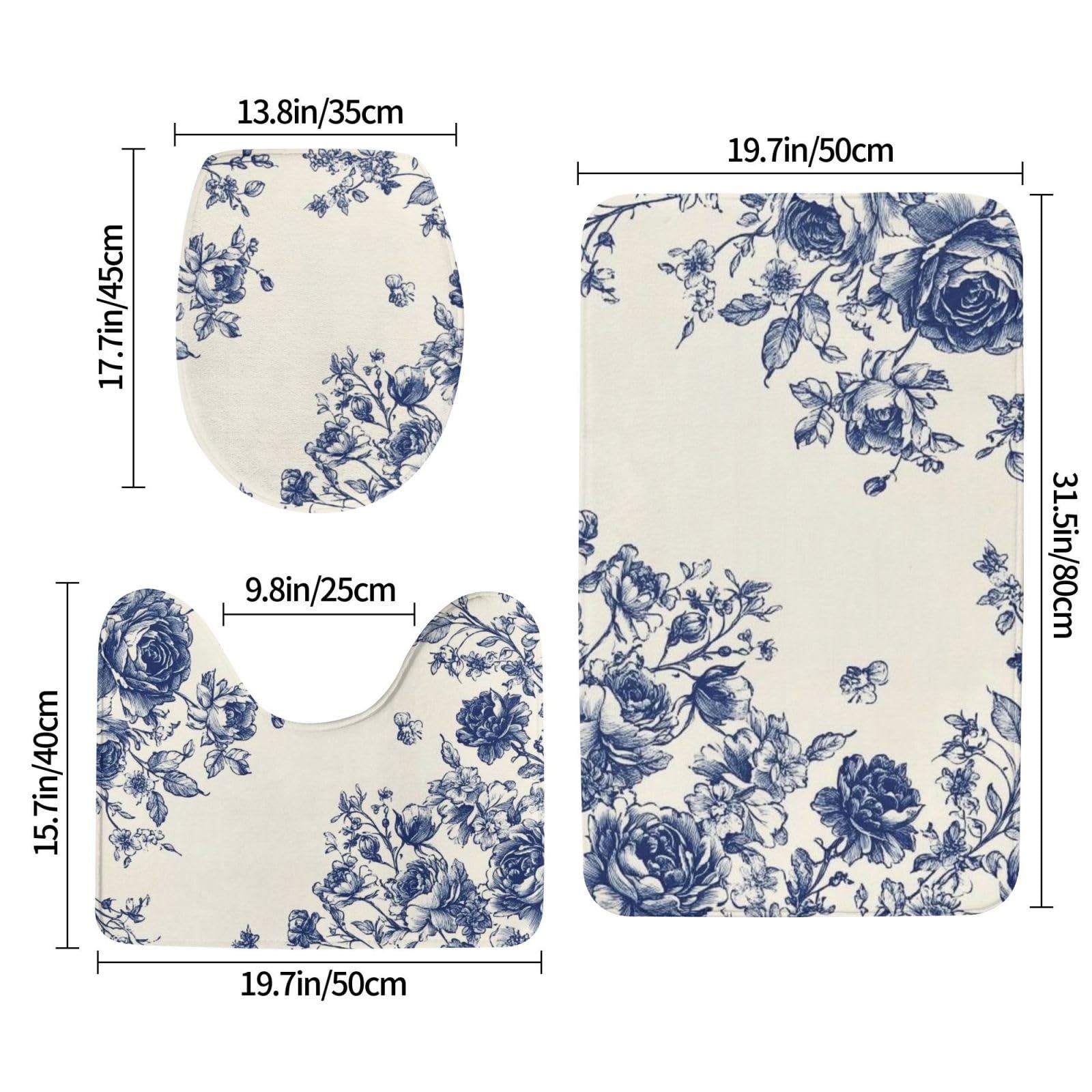 Lot de 3 tapis de bain en mousse à mémoire de forme, doux et absorbants, motif fleurs bleues dans le style chinois, tapis de toilette en forme de U, décoration d'intérieur, séchage rapide