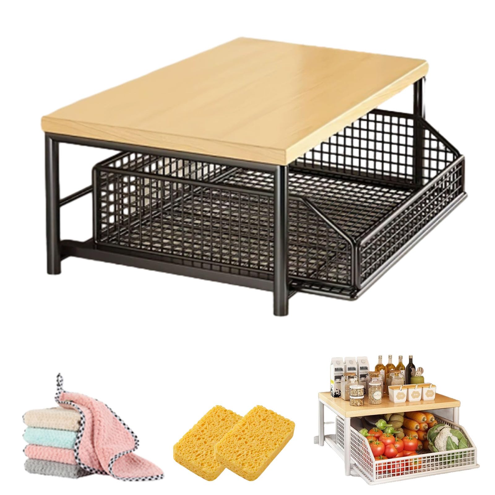 Hbviret Kitchen Countertop Organizer with Drawers & Wire Basket, Shelf With Drawer for Kitchen Counter, 2-Tier Sturdy Hardwood Shelf for Microwave Coffee Maker Spices Utensils (Black)