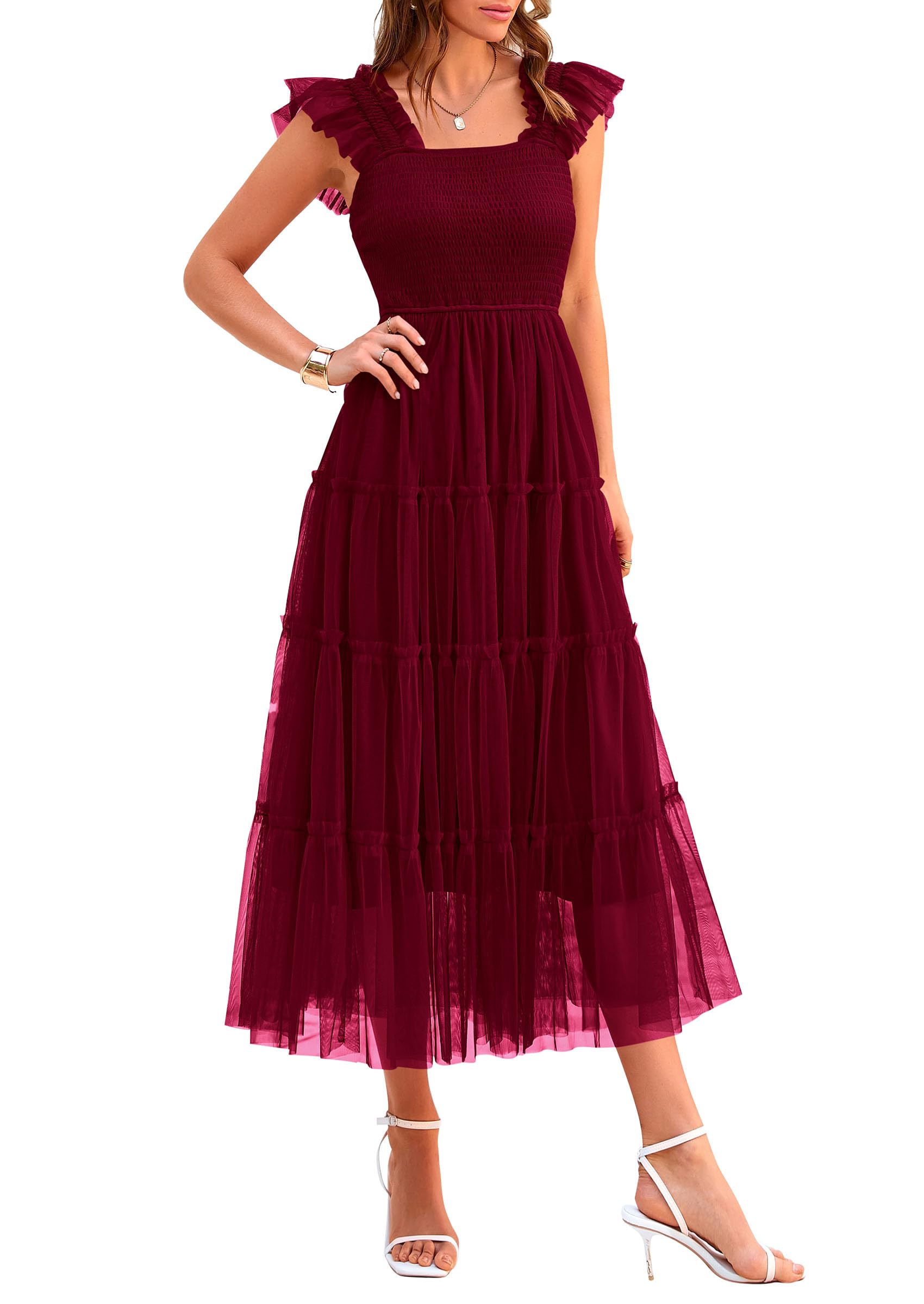 PRETTYGARDEN Women's Summer Smocked Midi Tulle Dress OEKO-TEX STANDARD 100