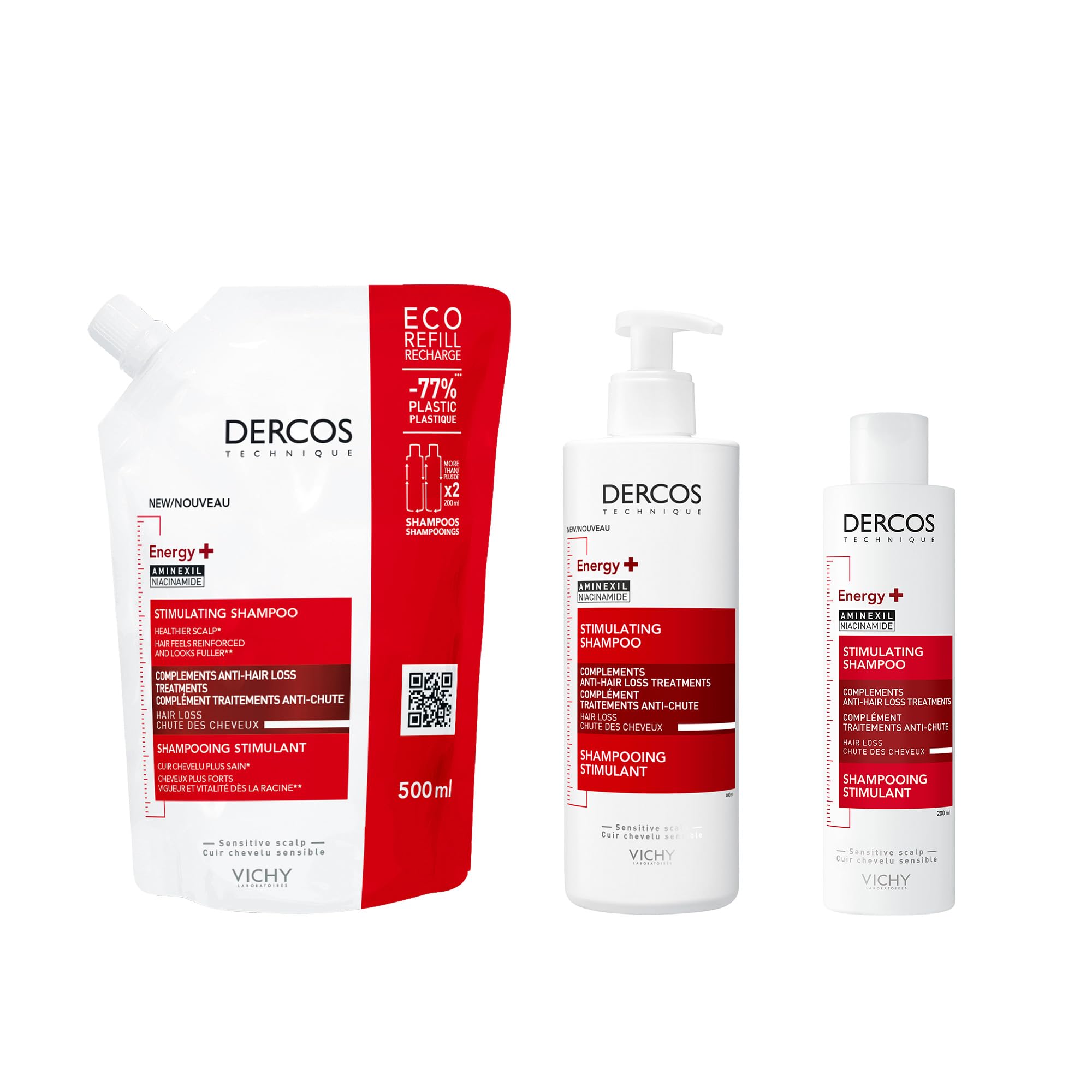 Vichy Dercos, Shampoo Energizzante, Per Tutti i Tipi di Capelli, Azione Anti-Caduta, Capelli Sani e Forti, Arricchito con Aminexil e Niacinamide