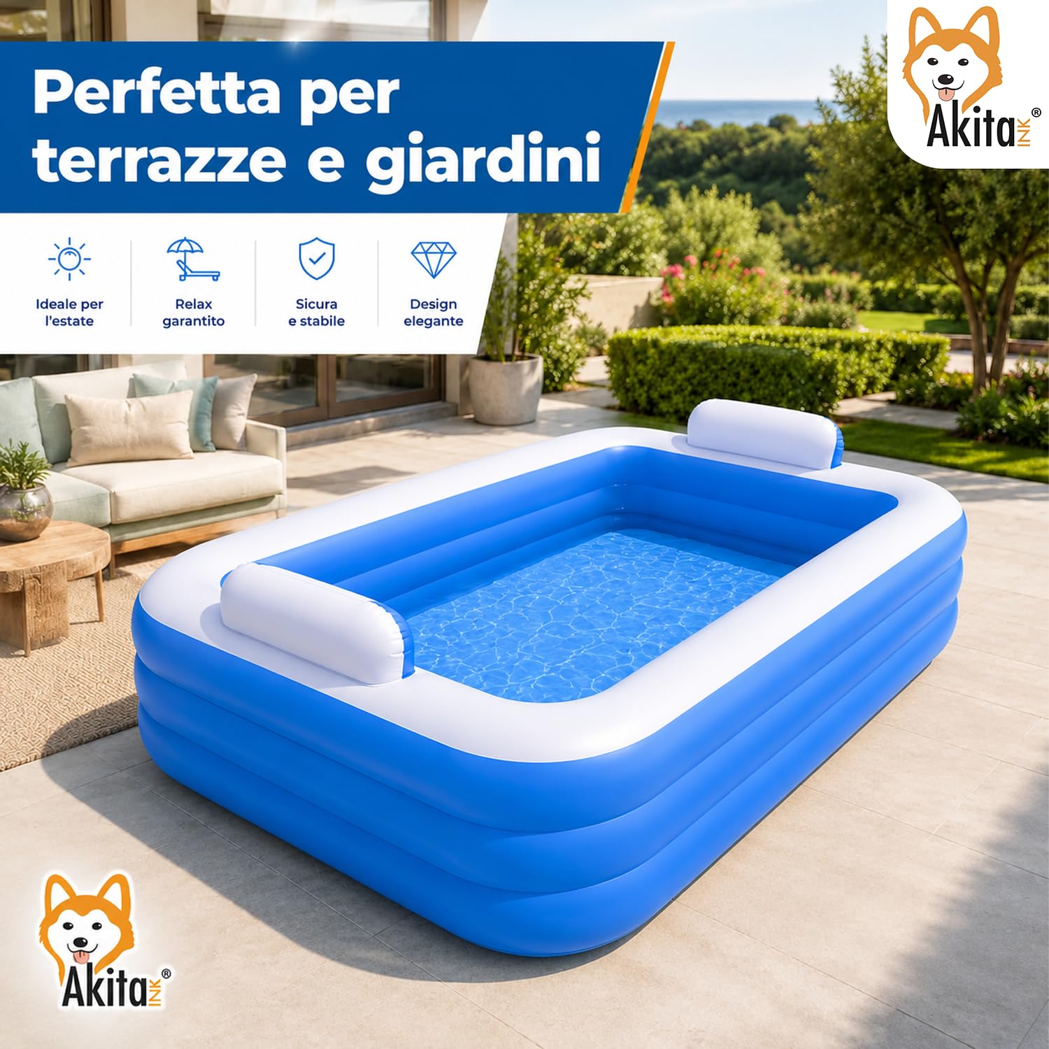 Akitaink Piscina Gonfiabile 305x183x56 cm con 3 Anelli, Piscina Familiare in Vinile Resistente per Giardino, Colori Azzurro e Bianco, Adatta ad Adulti e Bambini dai 6 Anni