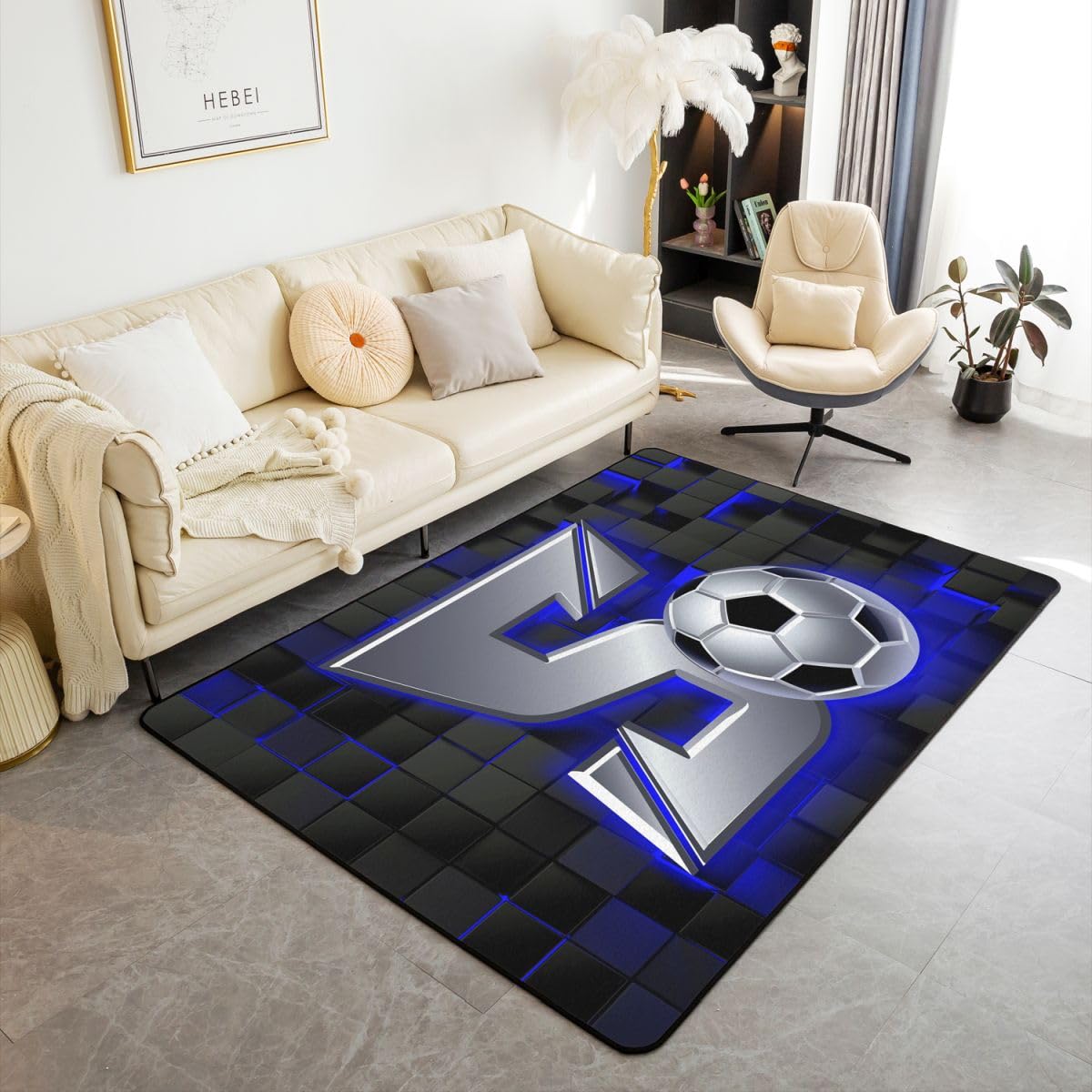 Homewish Dywaniki do piłki nożnej 100 x 150 cm - piłka nożna litera S dywan do salonu neonowy czarny niebieski gracz w kratkę nie gubi włosia dywan gry sportowe duże dywany piłka nożna dekoracja