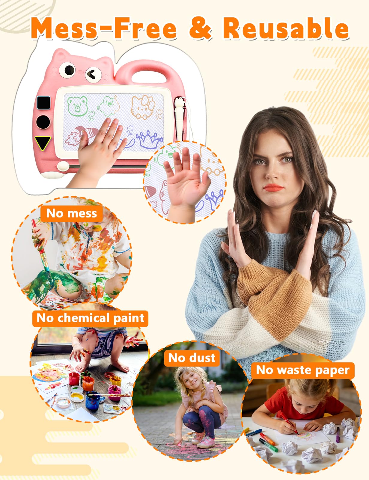 Magnetmaltafel Kinder 8.5 Inch, Zaubermaltafel Tragbar mit 4 Farbzonen, Zaubertafel ohne Staub für Kinder 1-6 Jahre, Mit Magnetstift & Bauklötze(Rosa)