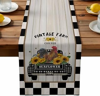 Table Runner 90 Inch Long - Chicken Old-Fashioned Trucks on Vintage Decorative Table Scarf, Farm Buffalo Plaid Dining Table Runners for Wedding Party Kitchen Dining Tables