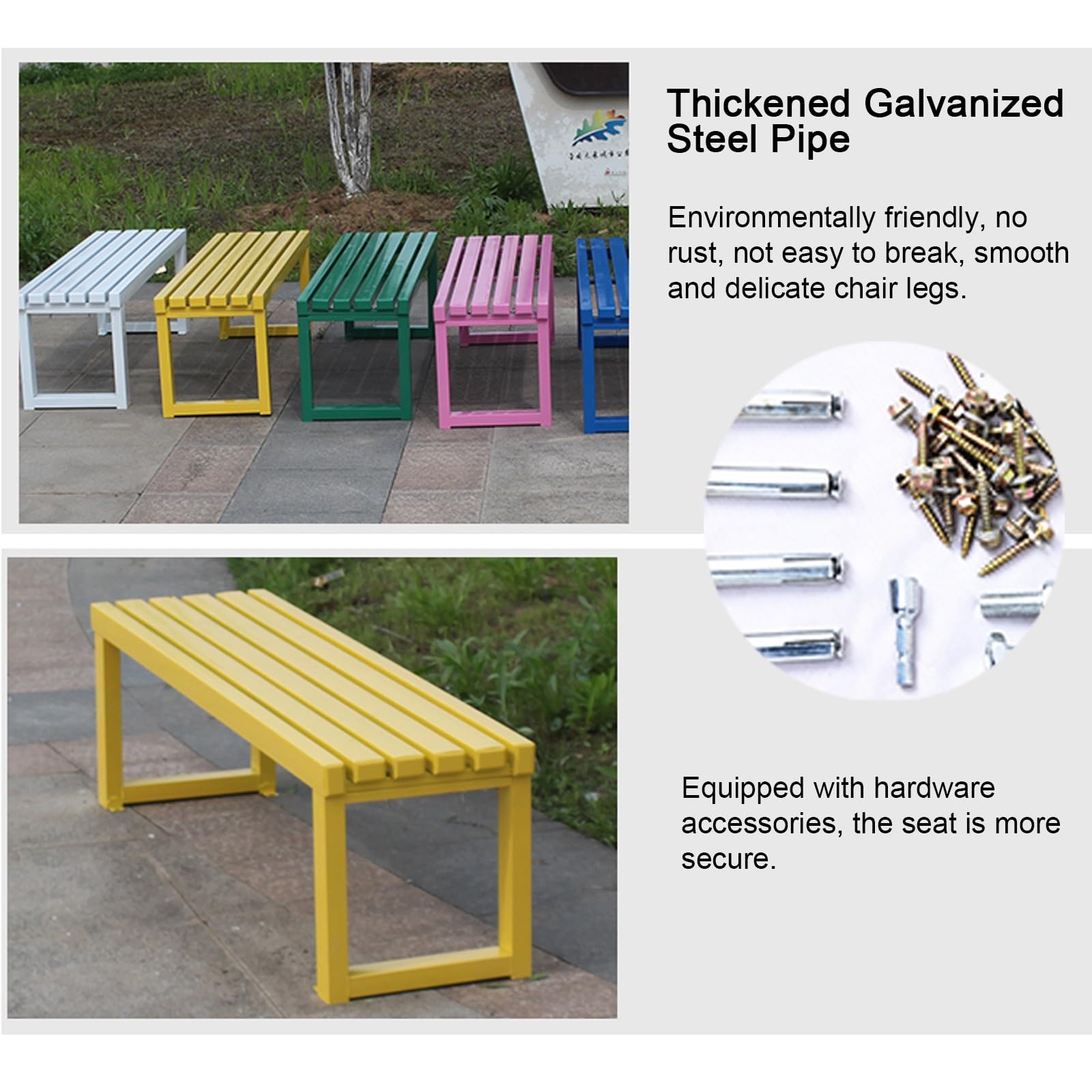 Banco de acero resistente a la intemperie para exteriores, capacidad de 660 libras, asiento de patio azul Slish para jardín, porche, entrada, 59 pulgadas de largo de piel de metal
