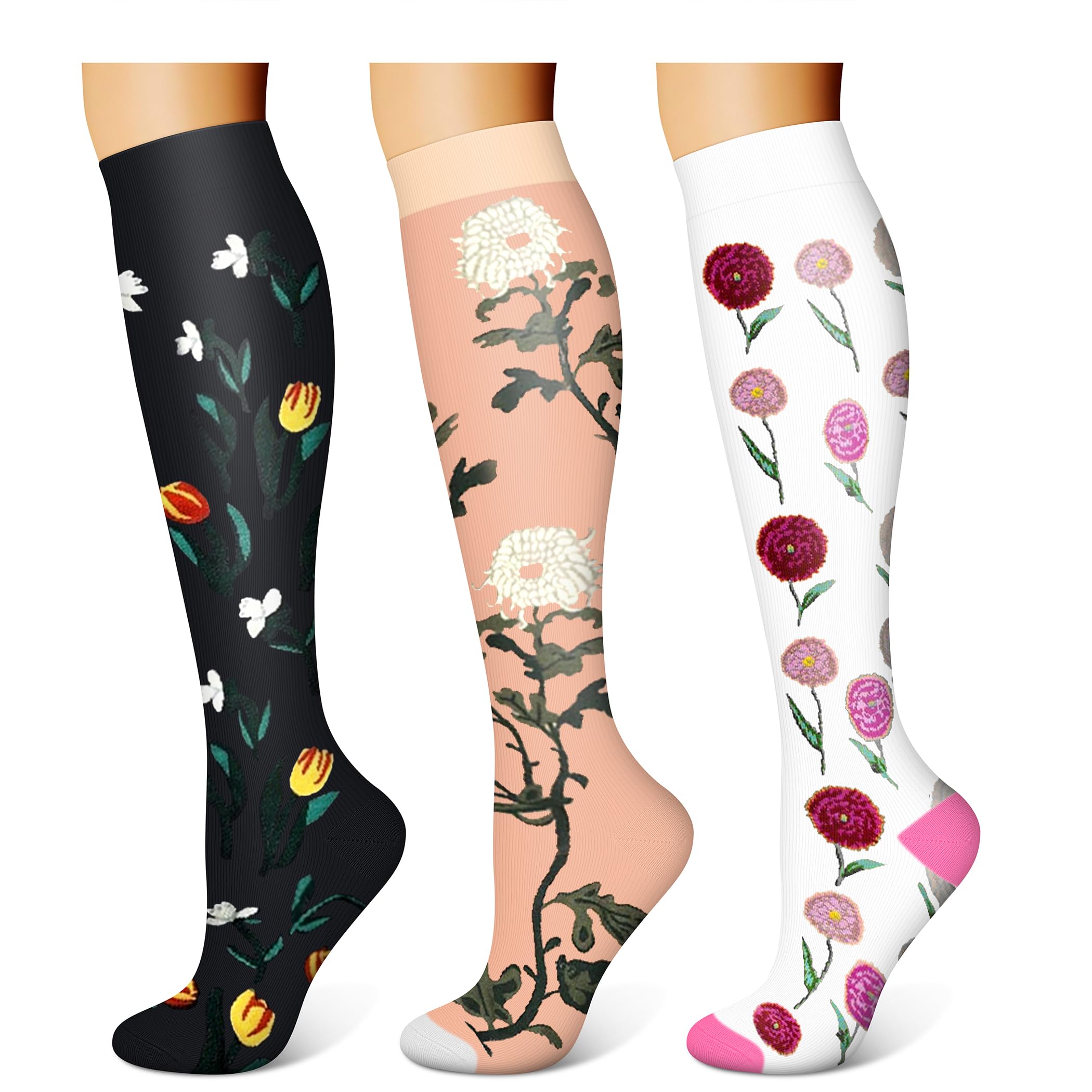 WITHYOU 3 pares de calcetines de compresión para mujer y hombre, 15-20 mmHg, el mejor soporte para enfermeras, corredores y senderismo.