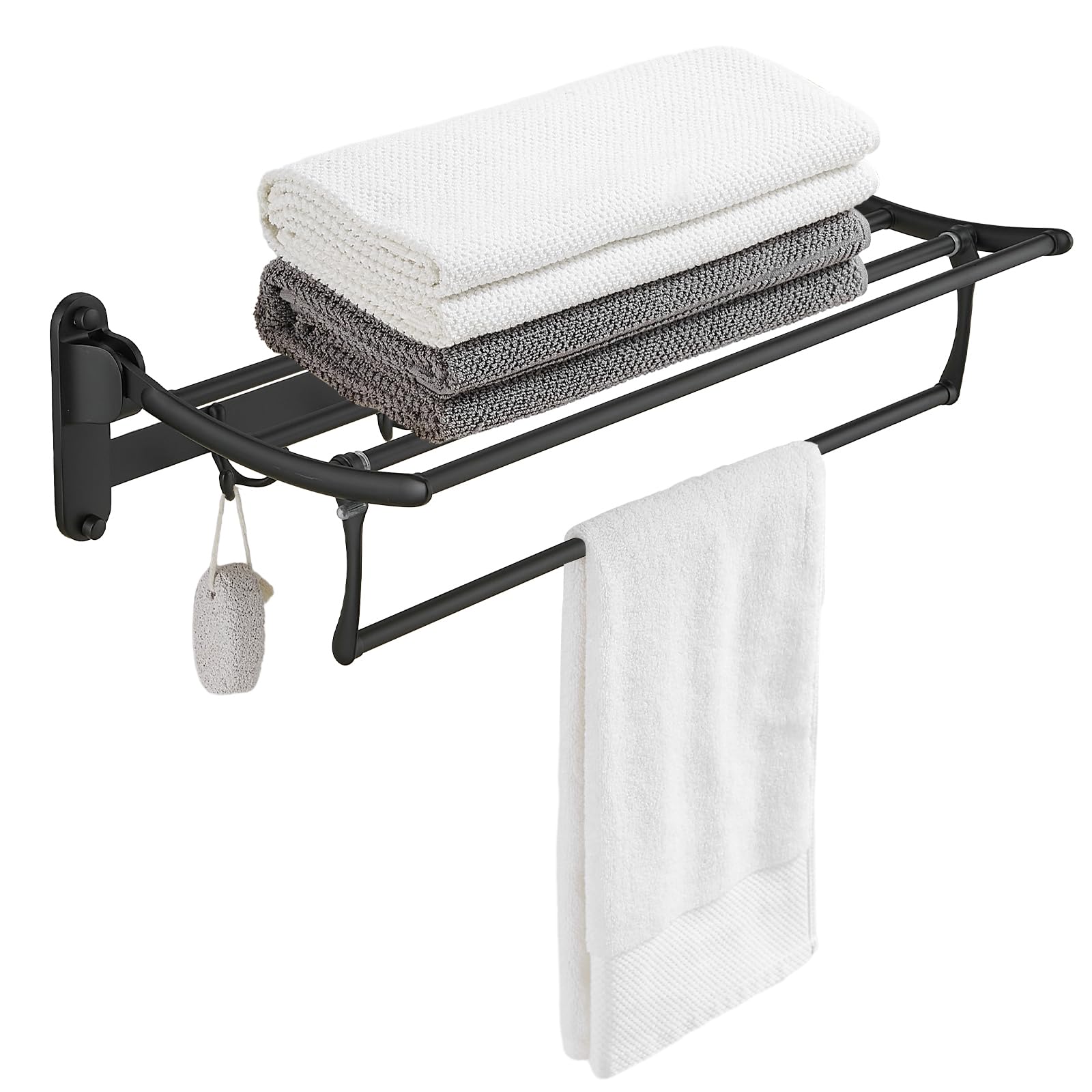 BESy 24 Inch Matte Black Towel Racks, Bathroom Towel Shelf with Foldable Towel Bar Holder and Towel Hooks, Wall Mounted Multifunctional Bathroom Accessories, Double Towel Bars