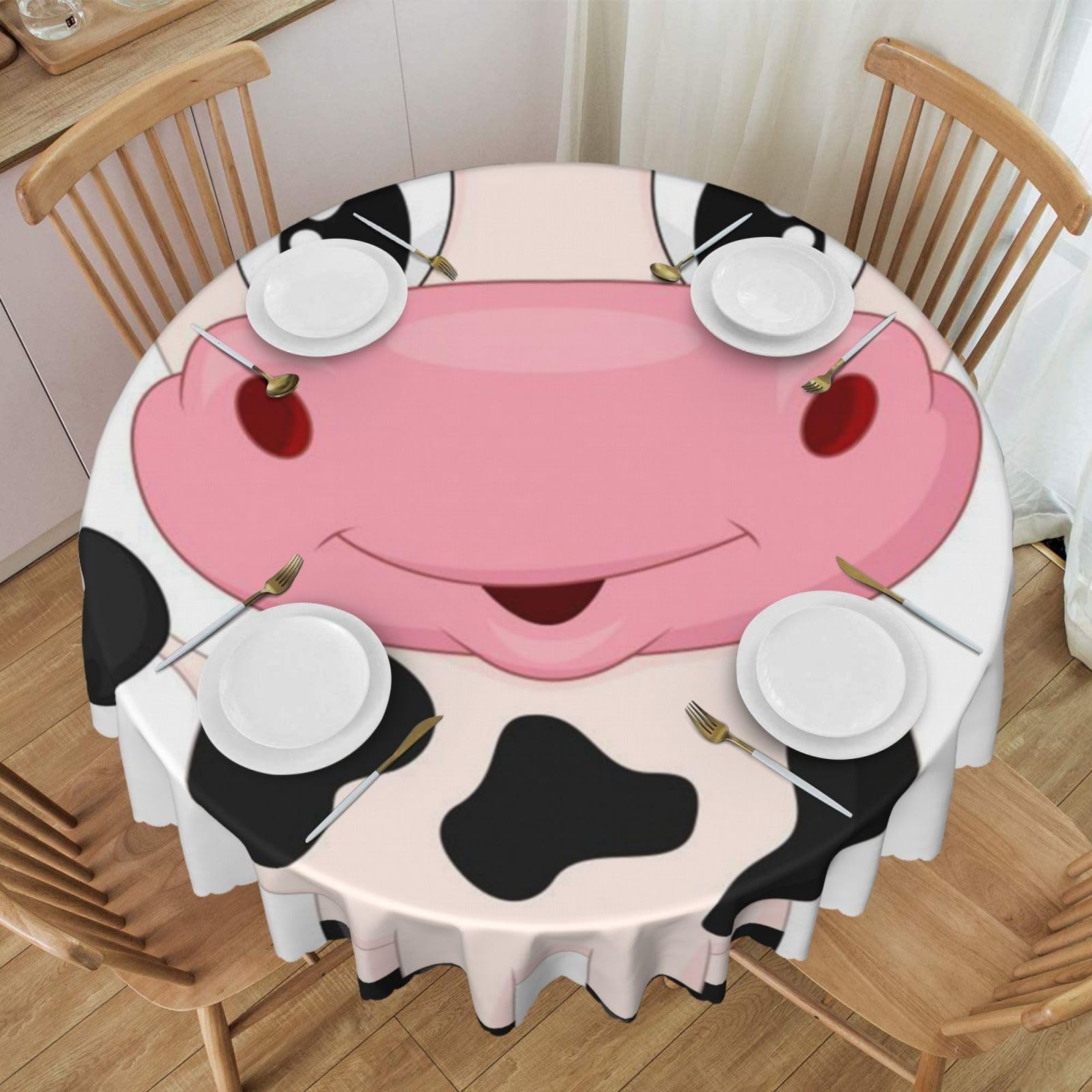 DCEHGEW 60 In Round Tablecloth with Lace, Cartoon Milk Cow Printed Oilproof & Washable Fabric Picnic Table Cloth Table Covers