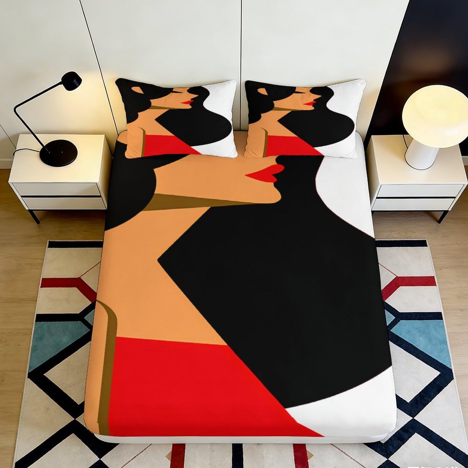 3D Printed Abstract Woman Art Fitted Sheet Microfiber Red Black Modern Mattress Cover for Bedroom Decor Dorm Apartment 90x200x25cm