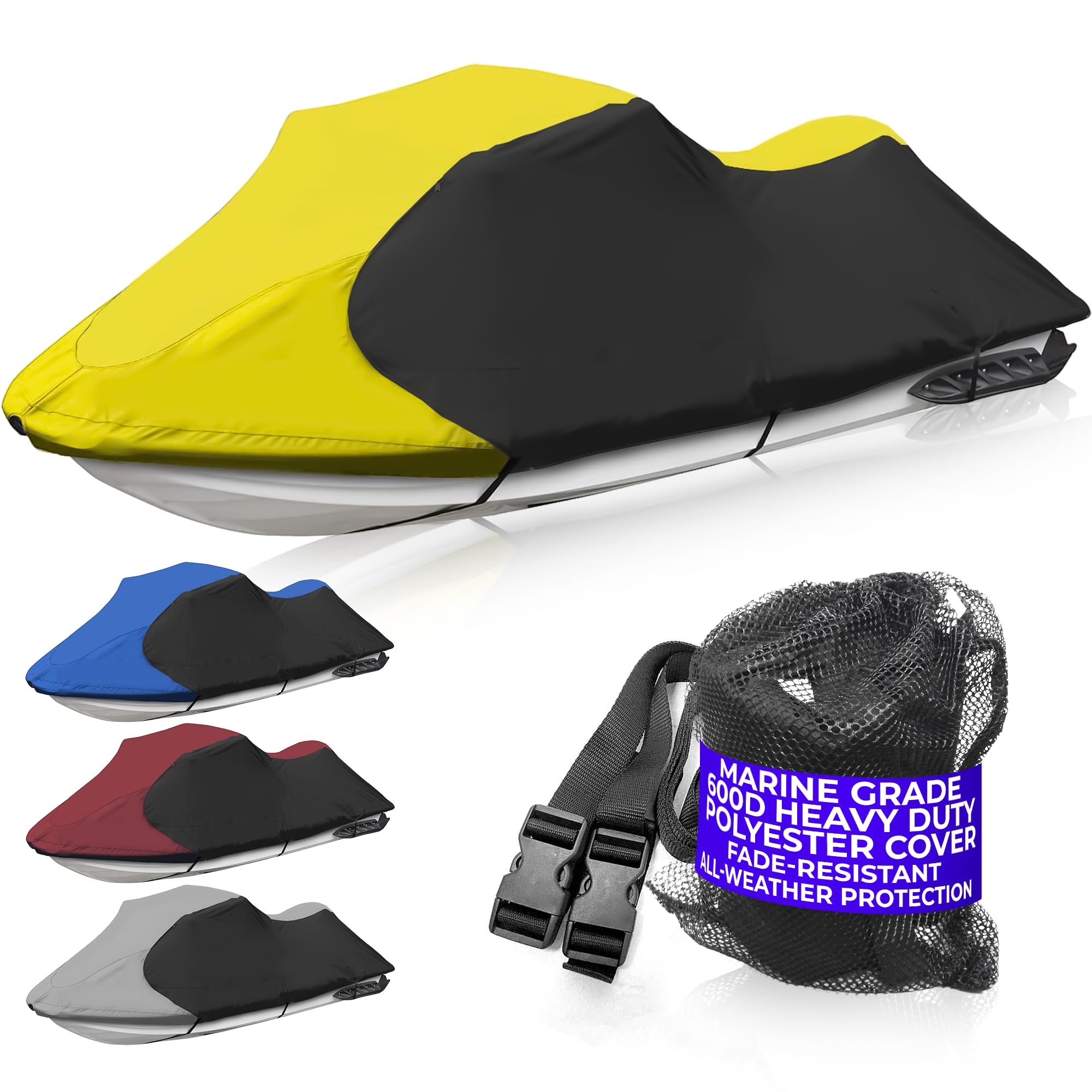 Jetpro Trailerable Jet Ski Cover, Waterproof Marine Grade 600D Heavy Duty Polyester PWC Cover Yellow/Black Fits from 136"-145" 3 Seater