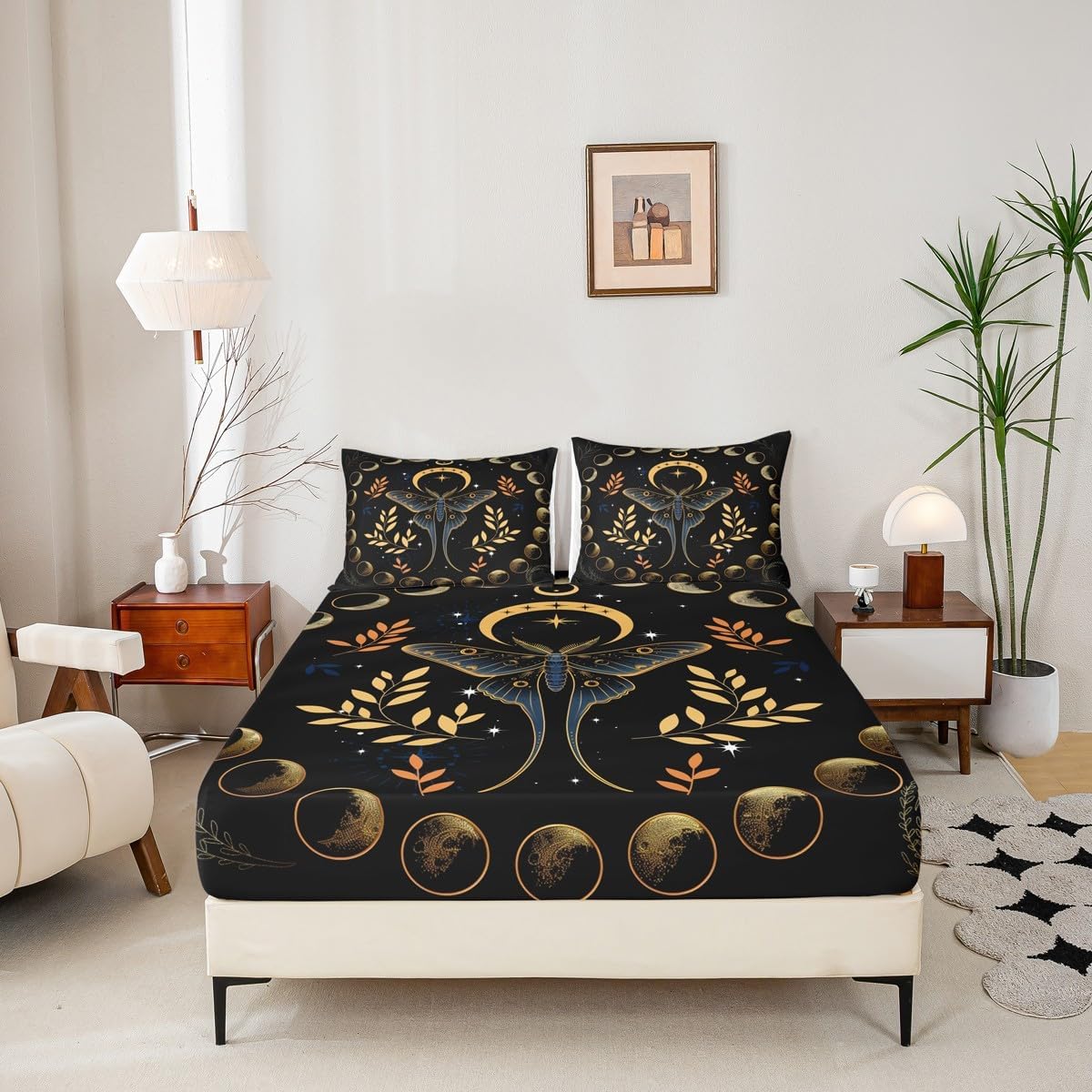 Castle Fairy Gothic Moth Full Size Fitted Sheet,Bohemian Stars Moon Starry Galaxy Soft Luxury Bedding Set,Leaves Botanical Exotic Bed Cover All Round Elastic Pocket with 2 Pillowcases image 2