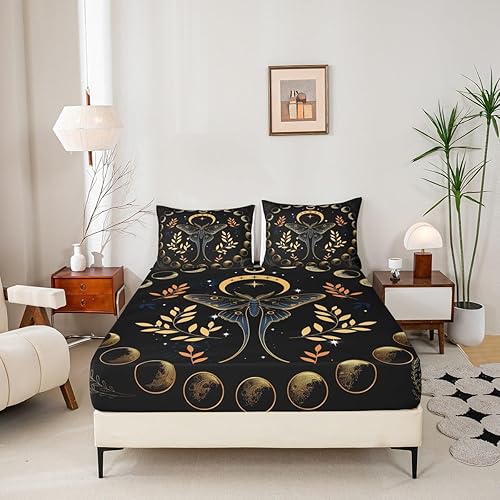 Miniatura 2 de Sábana bajera ajustable de polilla gótica, tamaño individual, juego de sábanas suaves y lujosas con diseño de estrellas bohemias, luna, galaxia